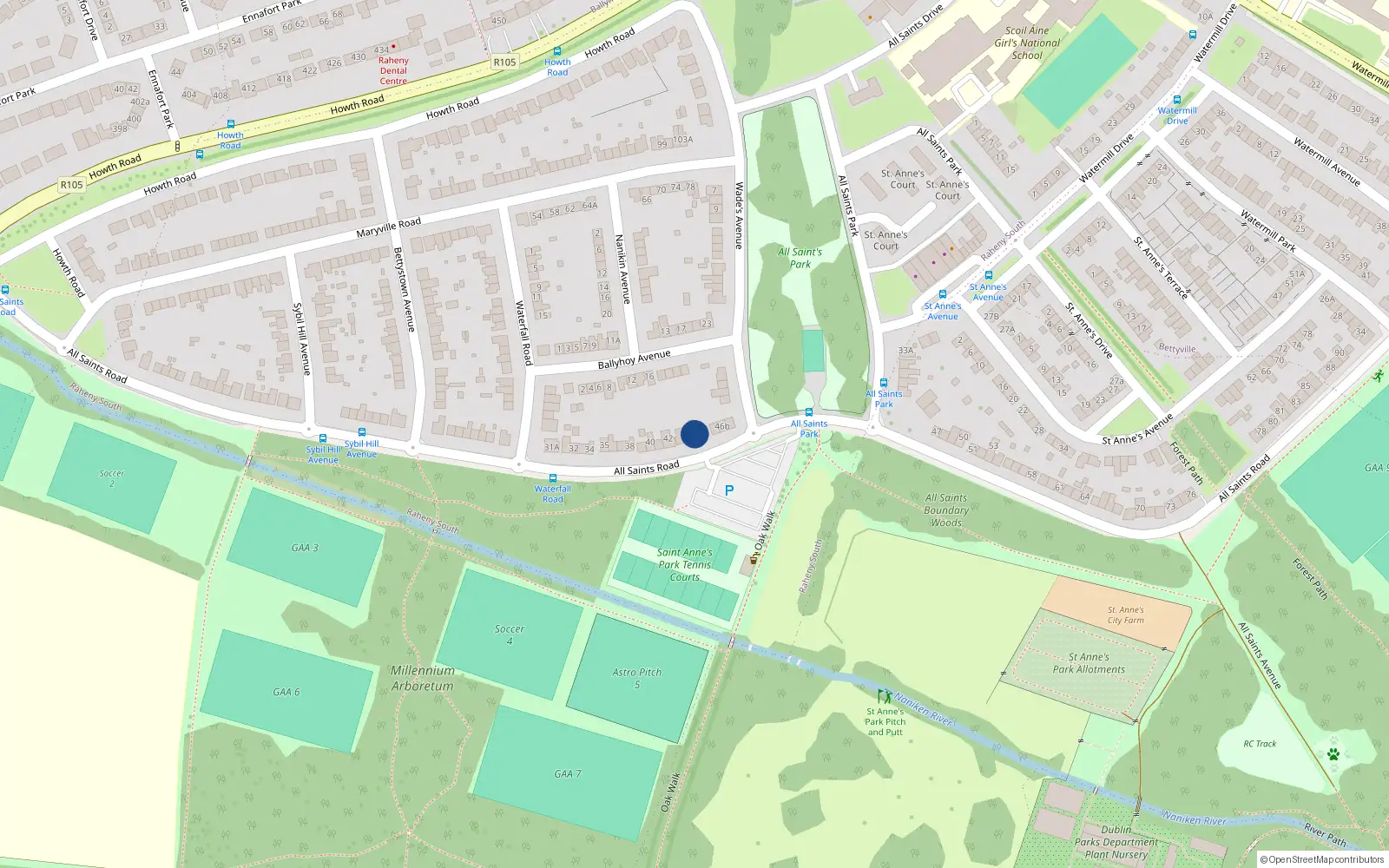 Overhead map showing the location of 45 All Saints Road, Raheny, Dublin 5
