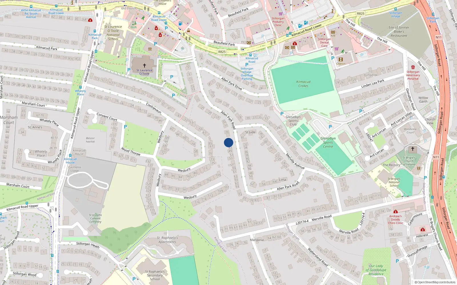 Overhead map showing the location of 45 Allen Park Road, Dublin