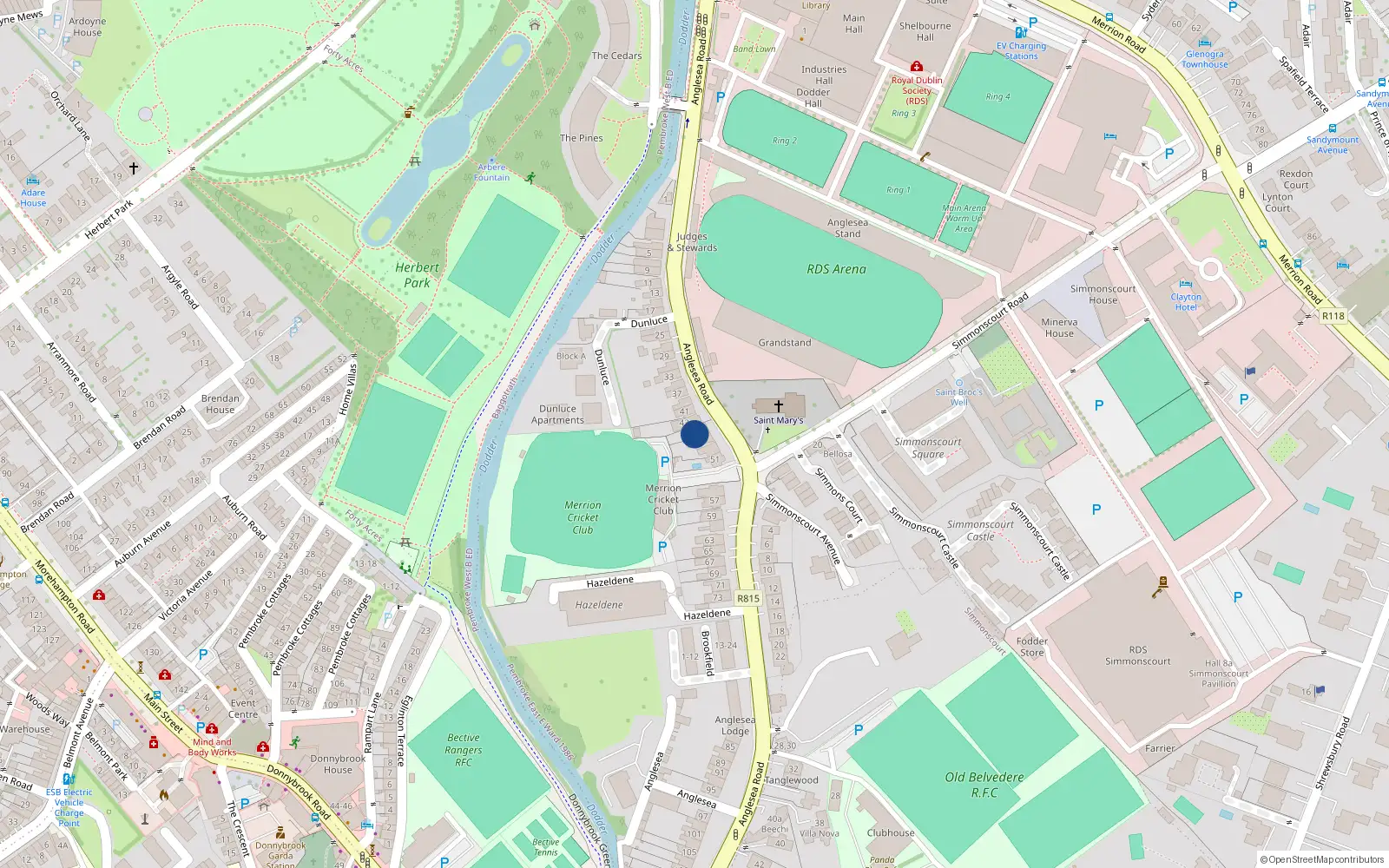 Overhead map showing the location of 45 Anglesea Road, Ballsbridge