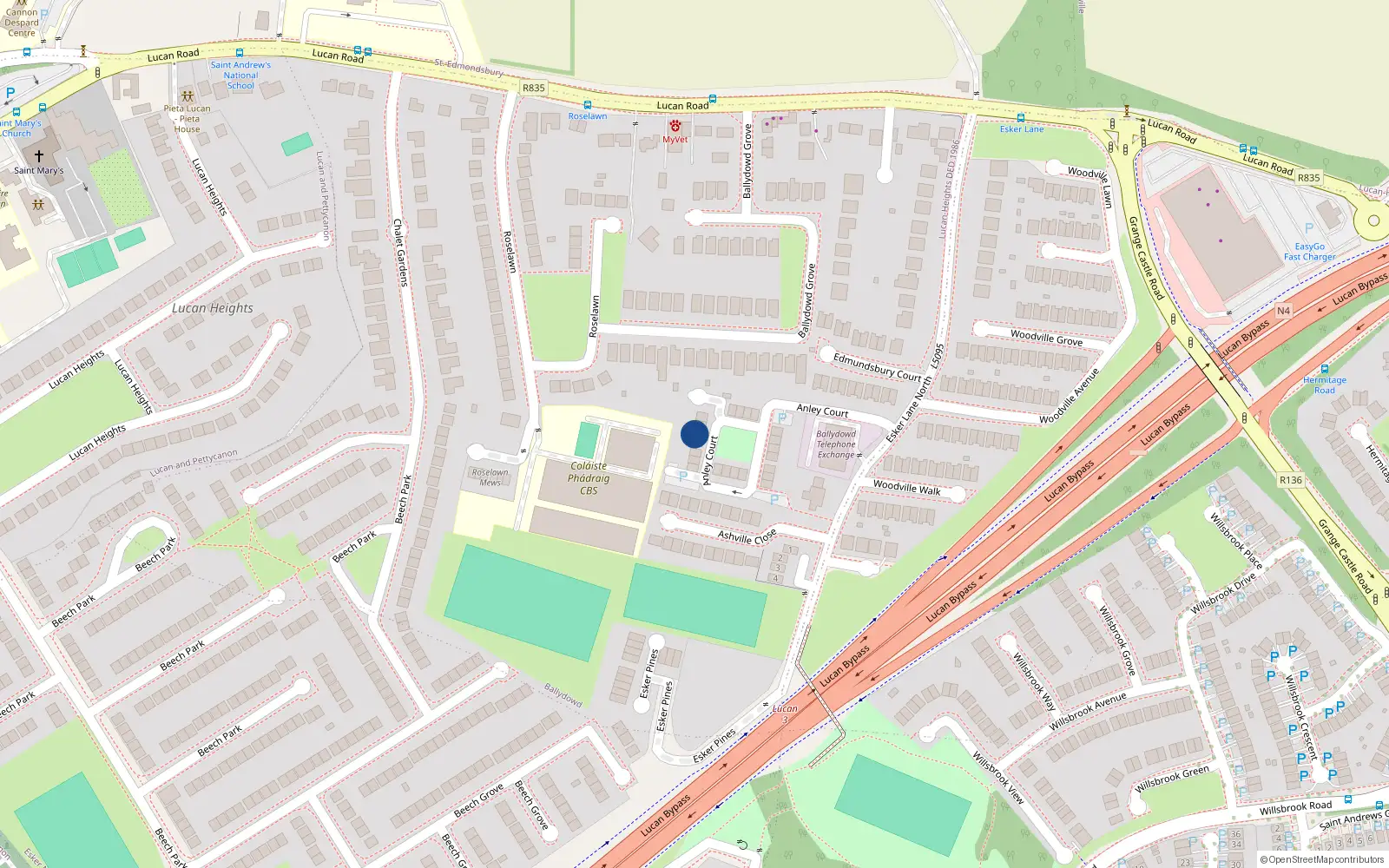 Overhead map showing the location of 45 Anley Court, Esker Lane, Lucan