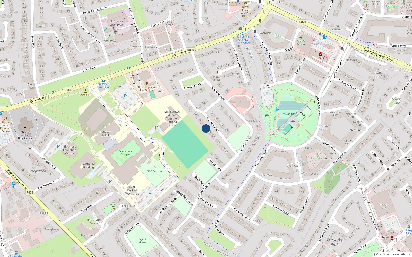 Overhead map showing the location of 45 Ardmore Park, Kill Avenue, Dun Laoghaire