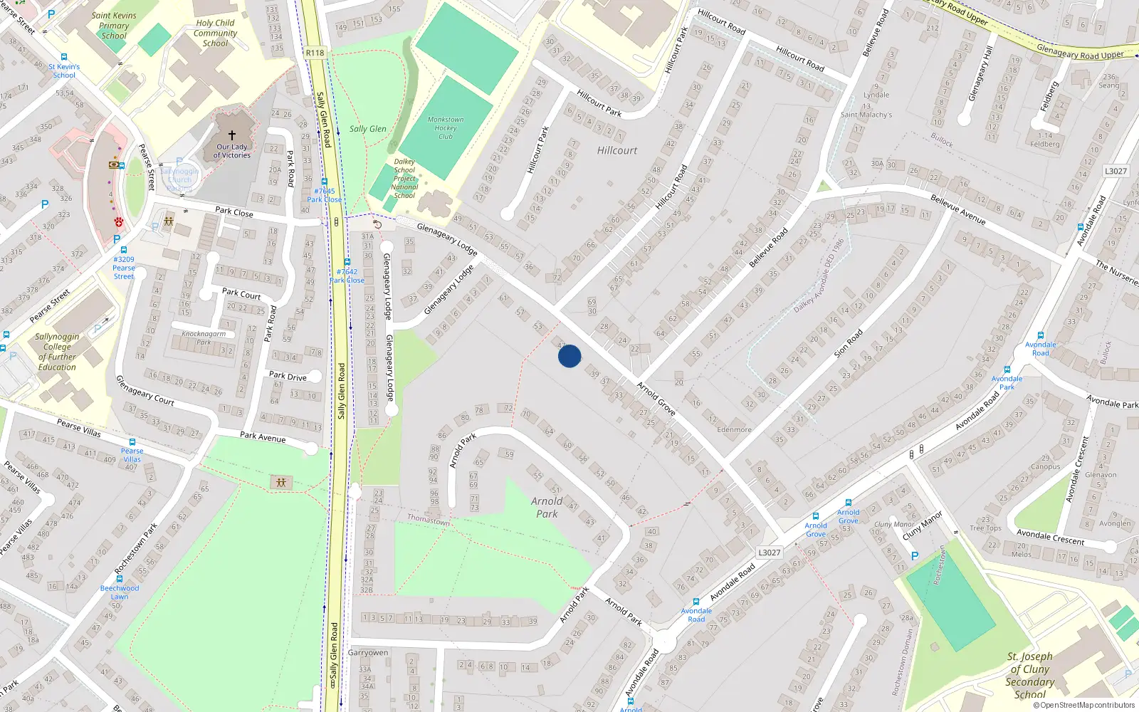 Overhead map showing the location of 45 Arnold Grove, Glenageary, County Dublin