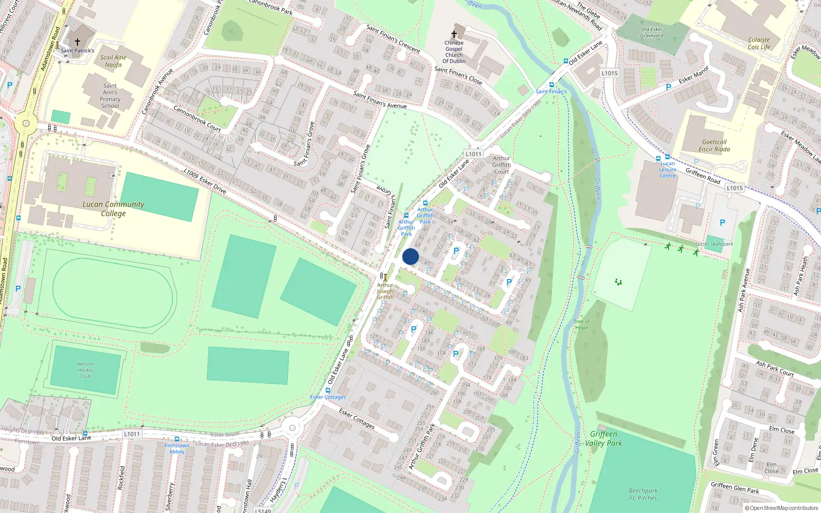 Overhead map showing the location of 45 Arthur Griffith Park, Lucan, Dublin