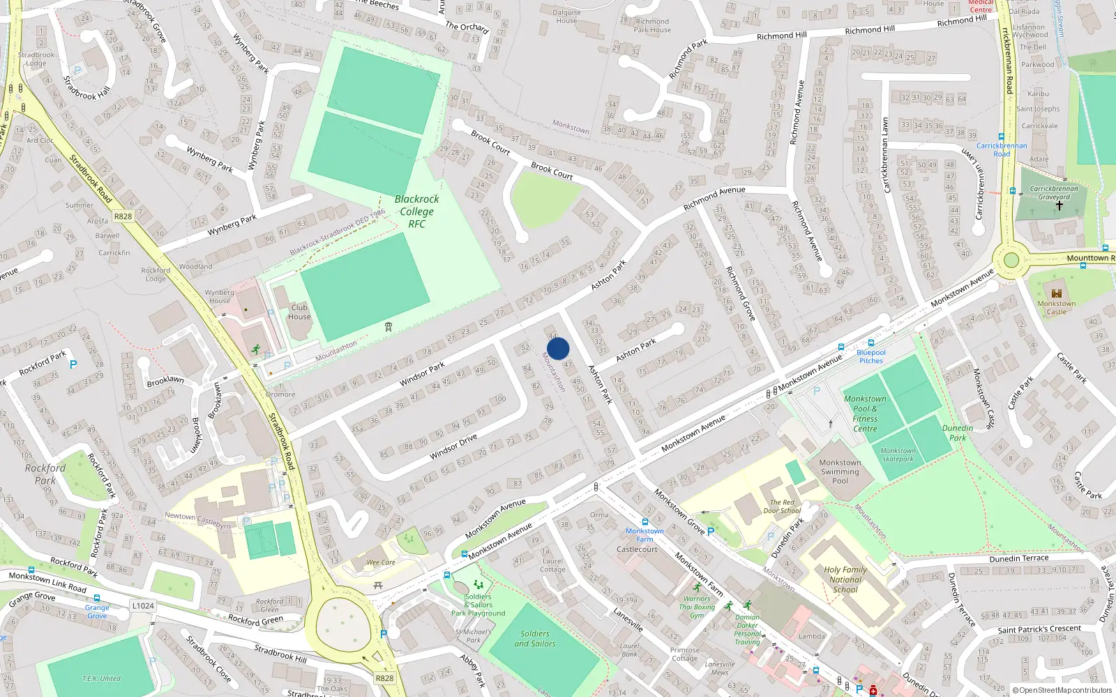 Overhead map showing the location of 45 Ashton Park, Monkstown, Dublin