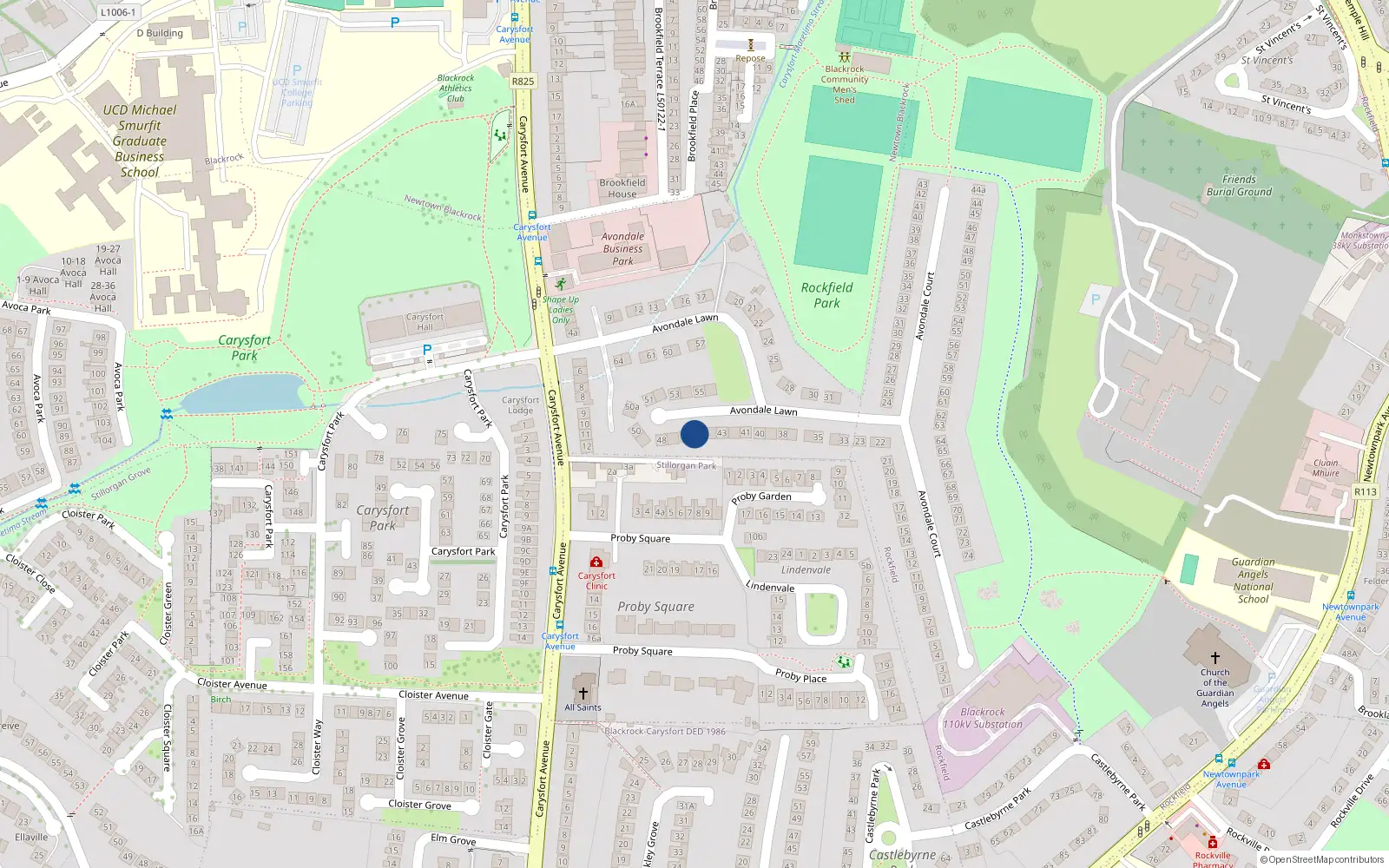 Overhead map showing the location of 45 Avondale Lawn, Blackrock, Dublin