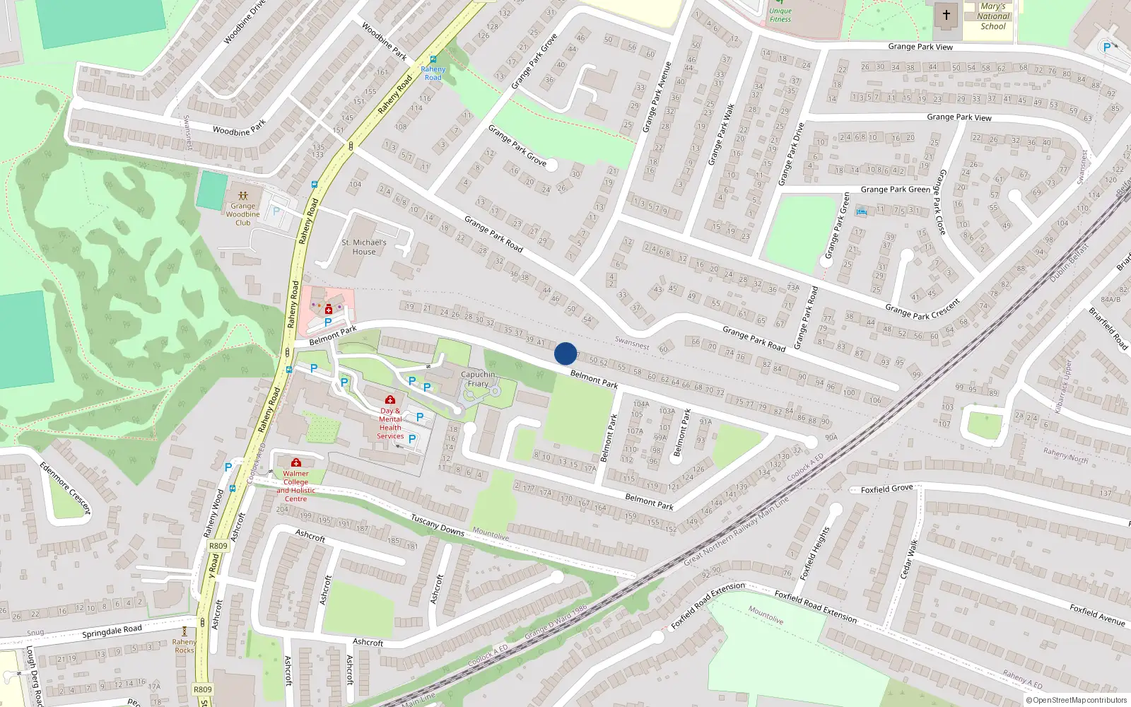 Overhead map showing the location of 45 Belmont Park, Dublin 5