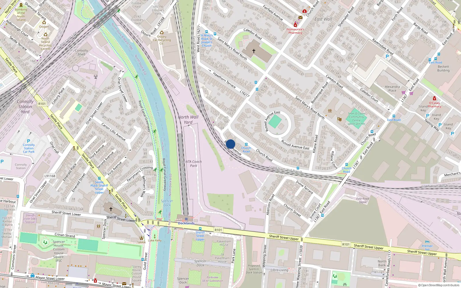 Overhead map showing the location of 45 Blythe Avenue, East Wall, Dublin 3