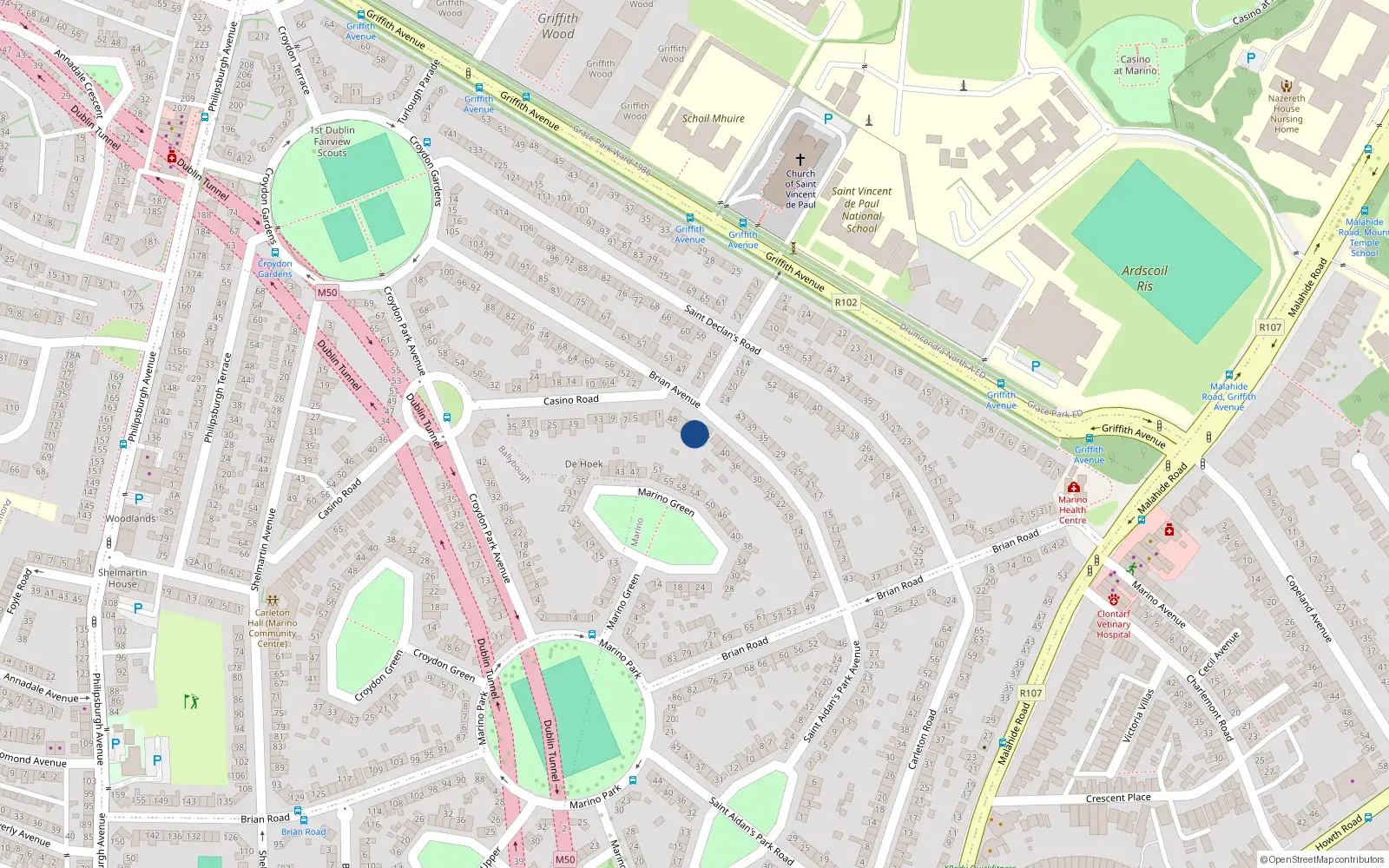 Overhead map showing the location of 45 Brian Avenue, Marino, Dublin 3