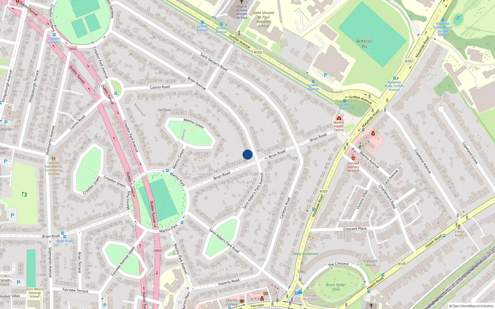 Overhead map showing the location of 45 Brian Road, Marino, Dublin 3