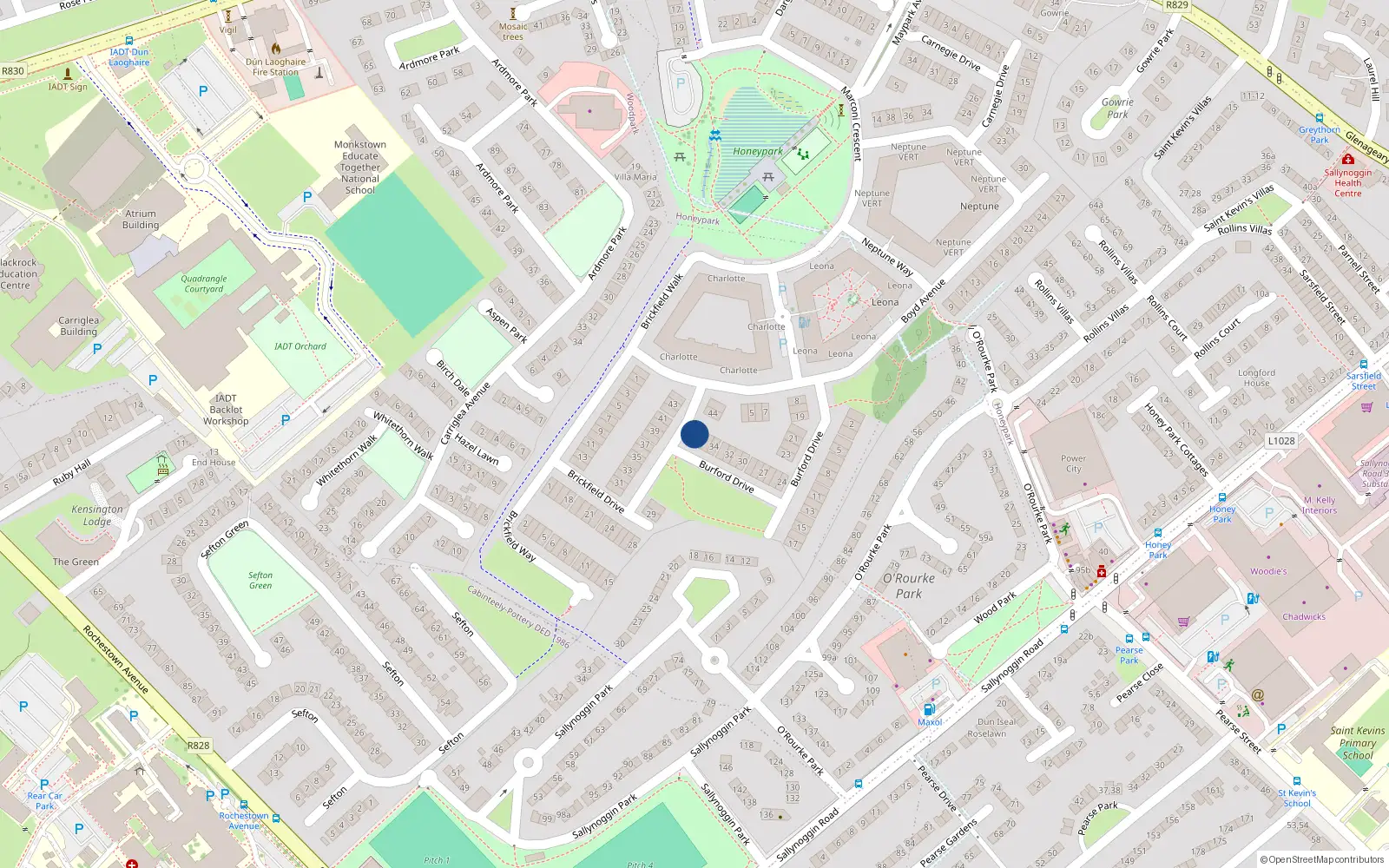 Overhead map showing the location of 45 Brickfiled Drive, Honeypark, Dun Laoighre