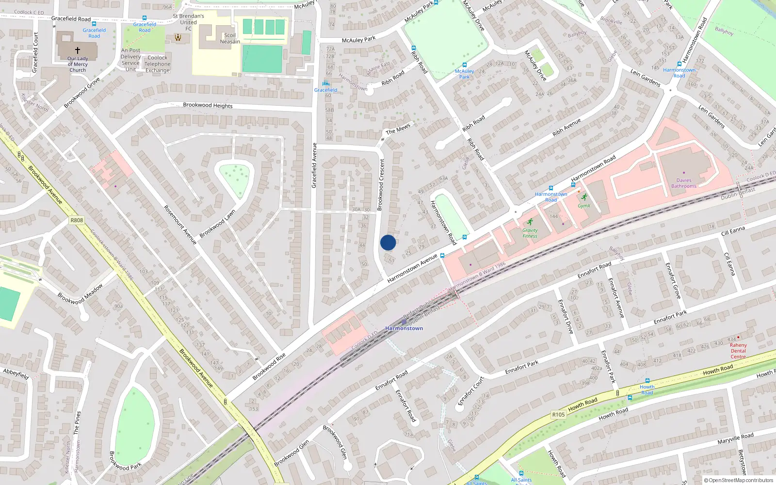 Overhead map showing the location of 45 Brookwood Crescent, Artane, Dublin 5