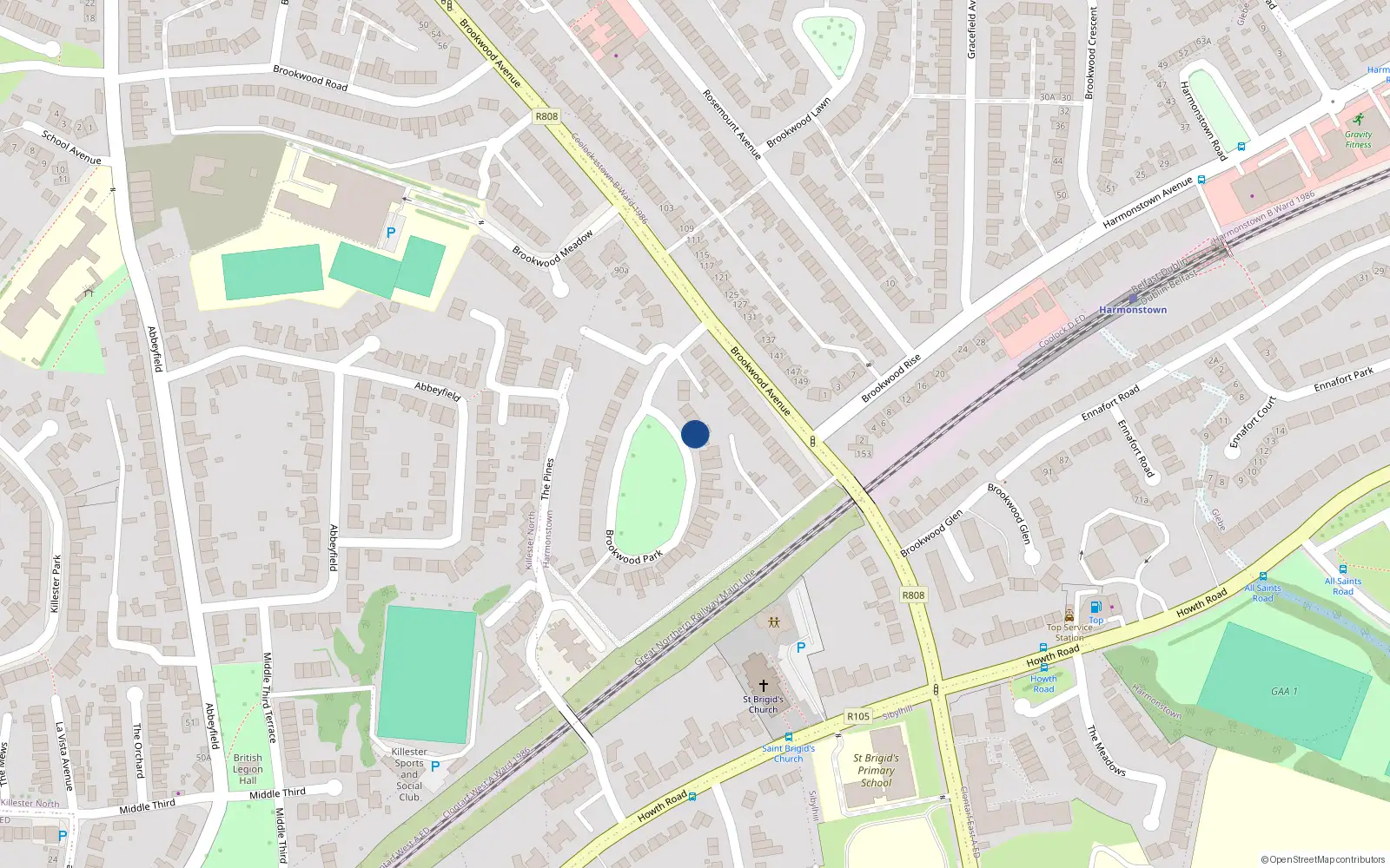 Overhead map showing the location of 45 Brookwood Park, Artane, Dublin 5
