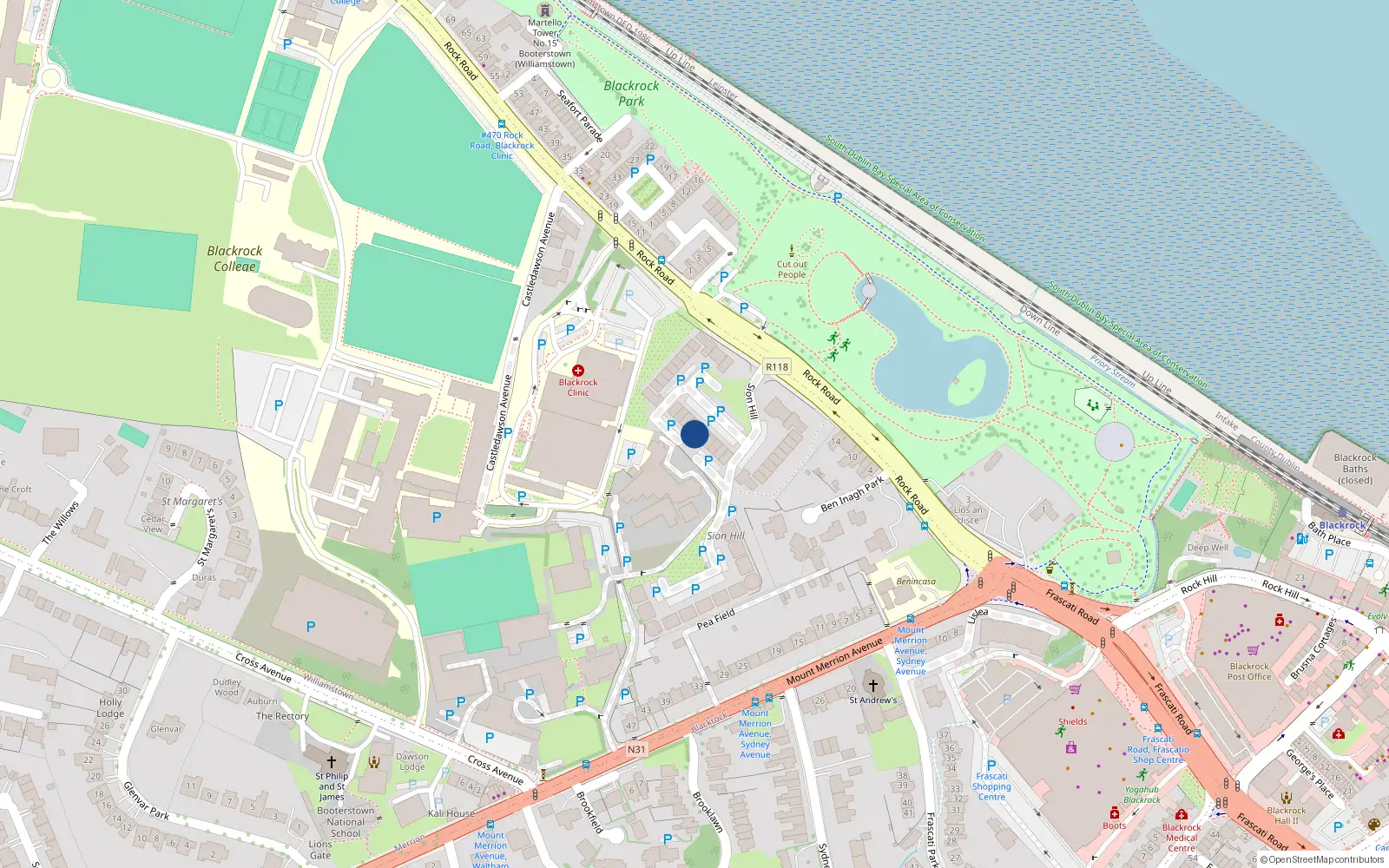 Overhead map showing the location of 45 Castledawson, Sion Hill, Blackrock