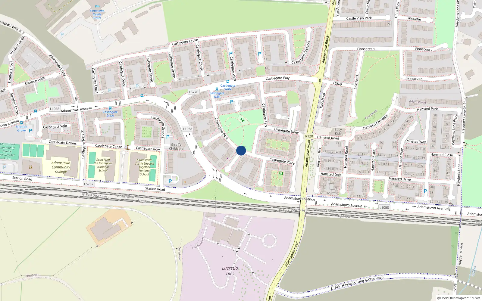Overhead map showing the location of 45 Castlegate Park, Lucan