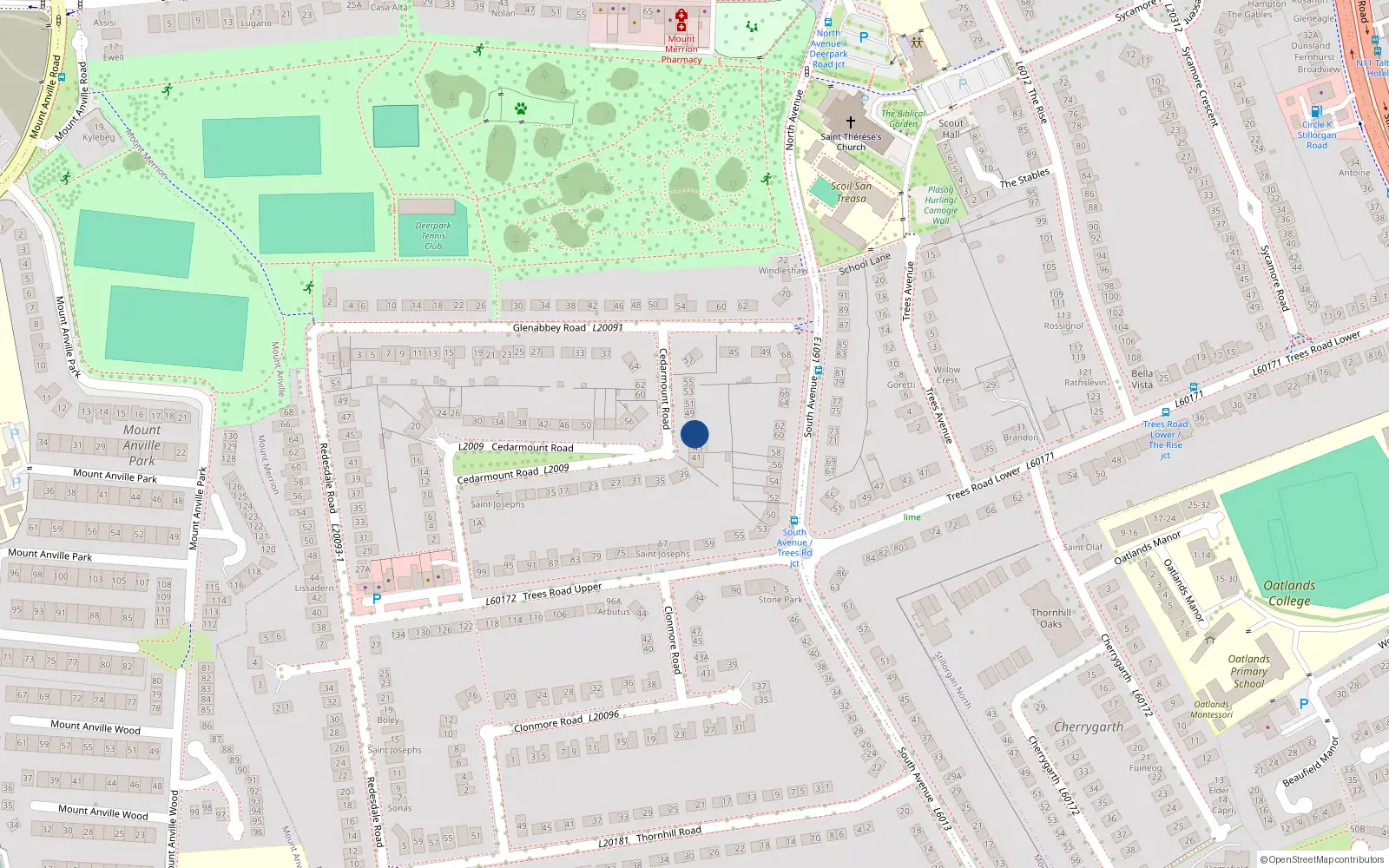 Overhead map showing the location of 45 Cedarmount Road, Blackrock