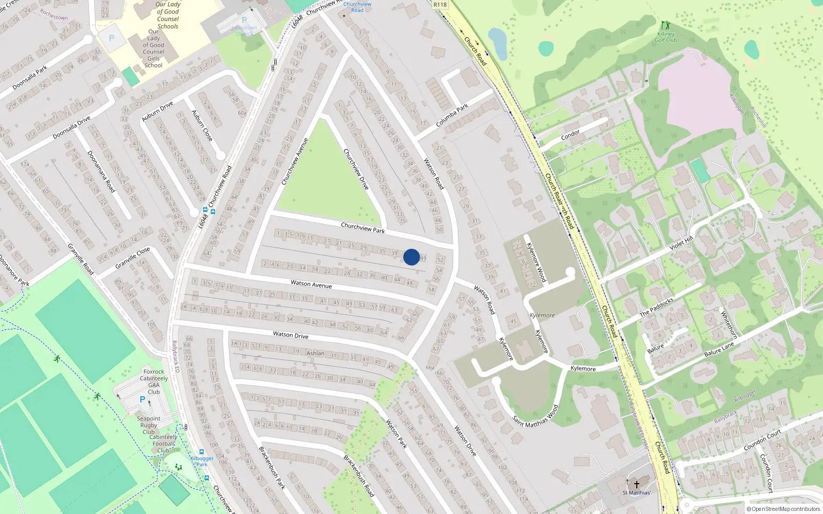 Overhead map showing the location of 45 Churchview Park, Killiney, Dublin