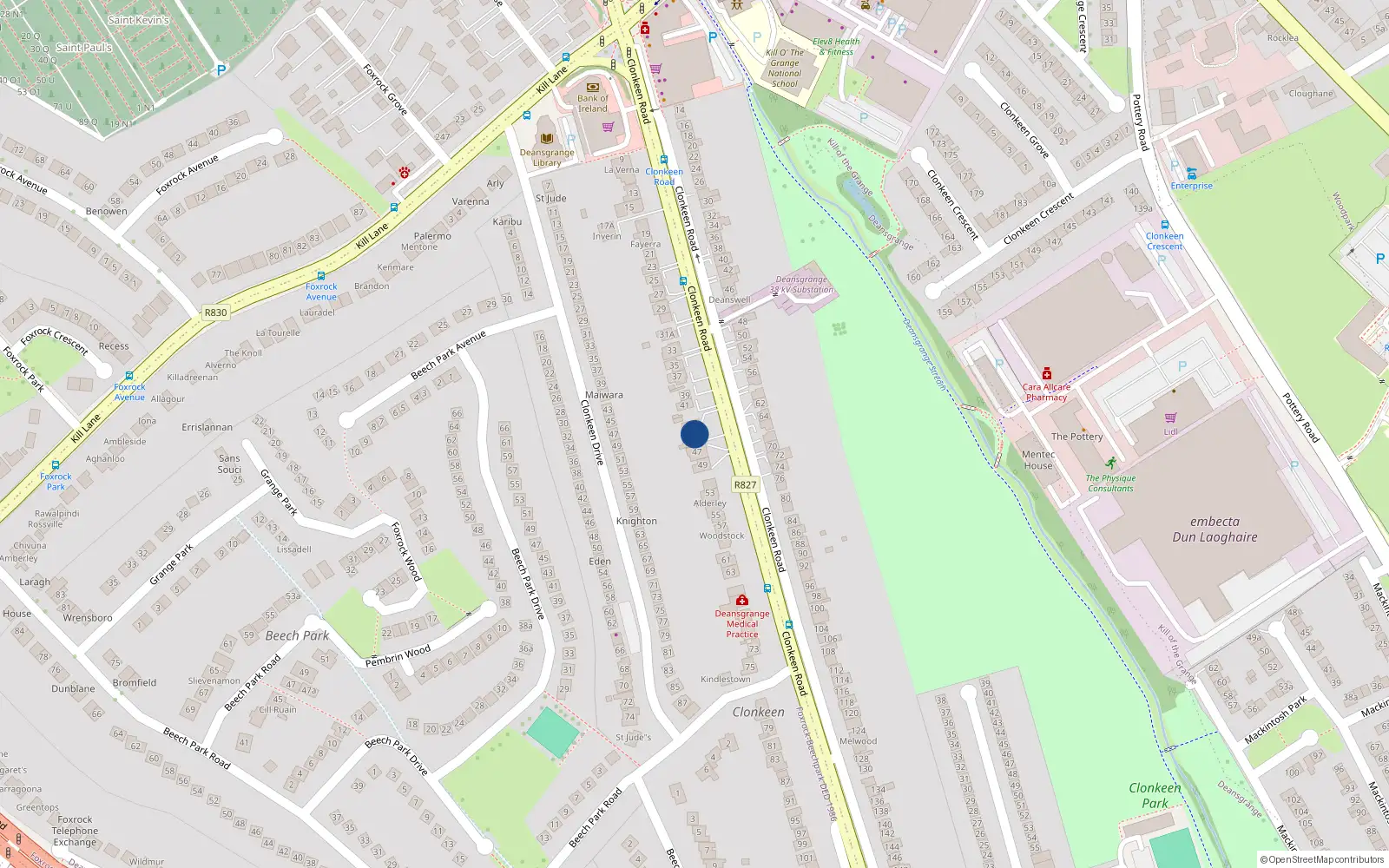 Overhead map showing the location of 45 Clonkeen Road, Blackrock