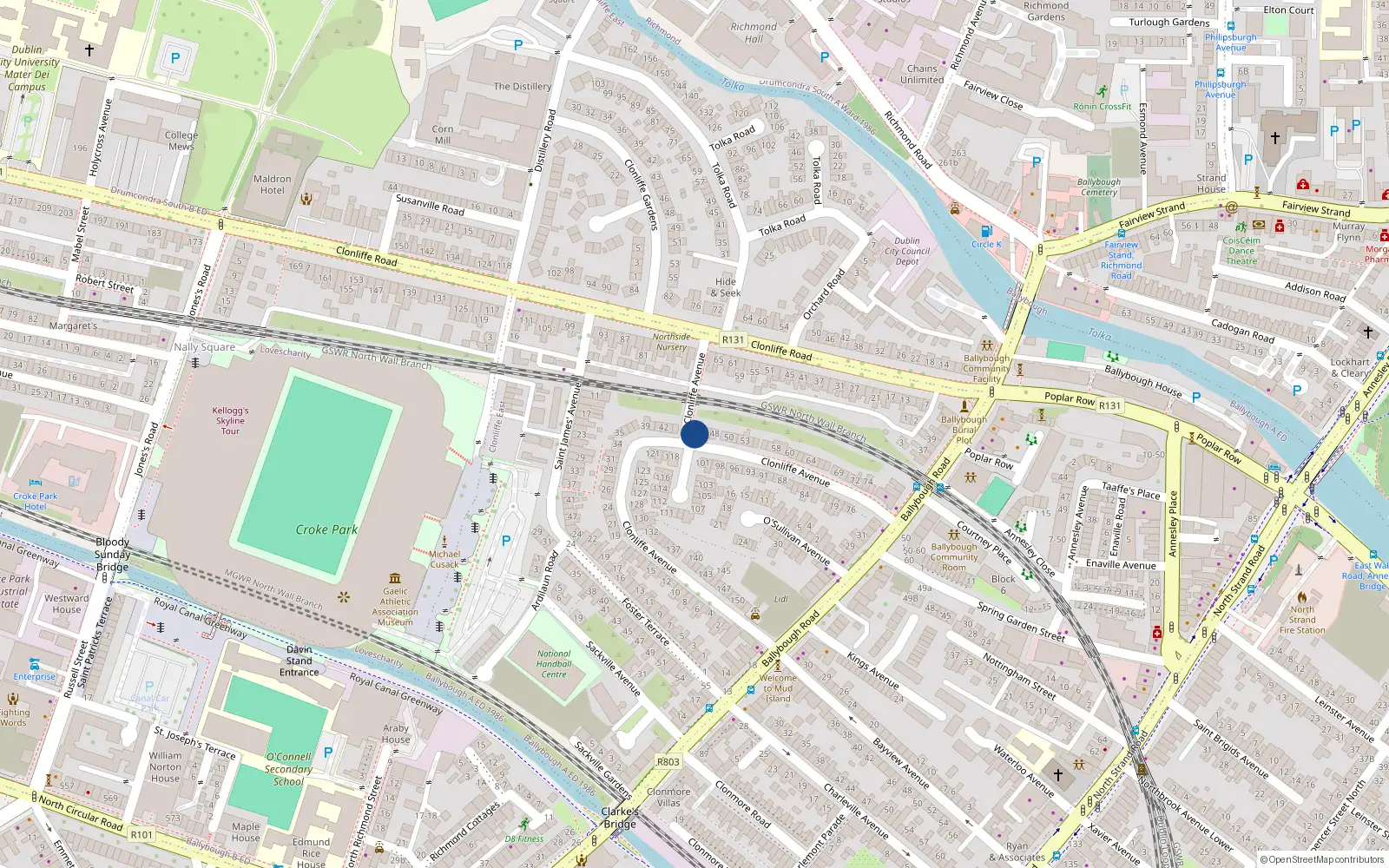 Overhead map showing the location of 45 Clonliffe Avenue, Ballybough, Dublin 3