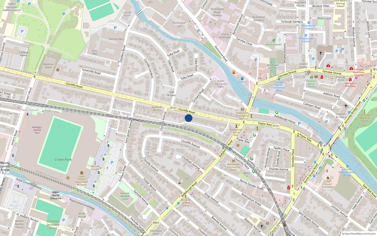 Overhead map showing the location of 45 Clonliffe Road, Drumcondra, Dublin 3