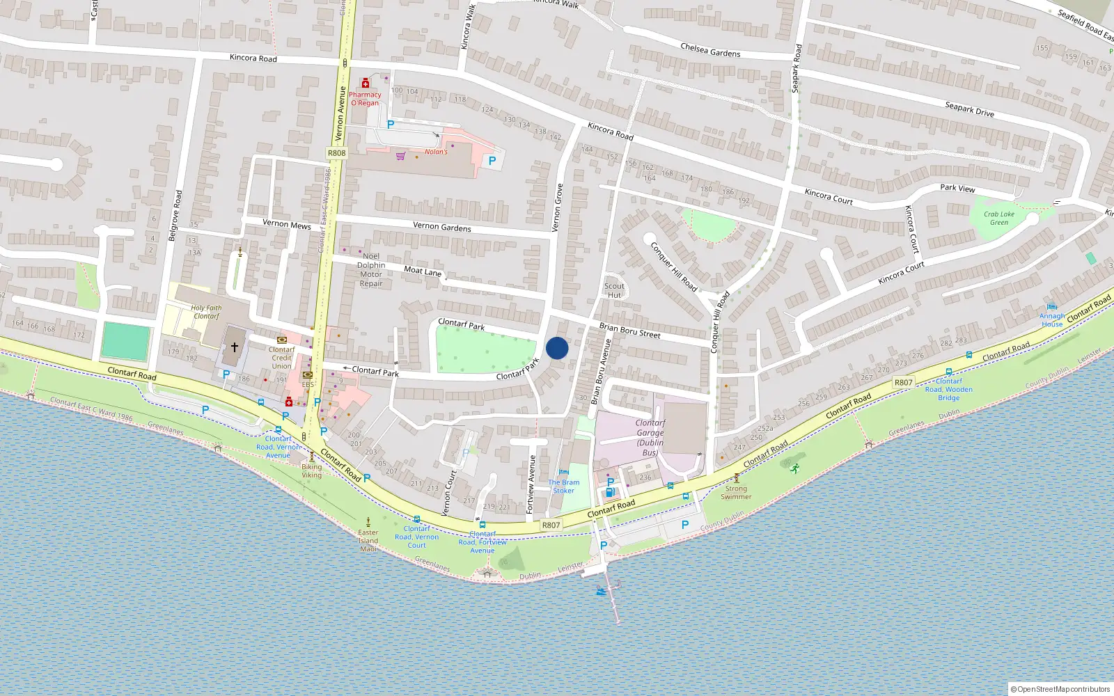Overhead map showing the location of 45 Clontarf Park, Clontarf, Dublin 3