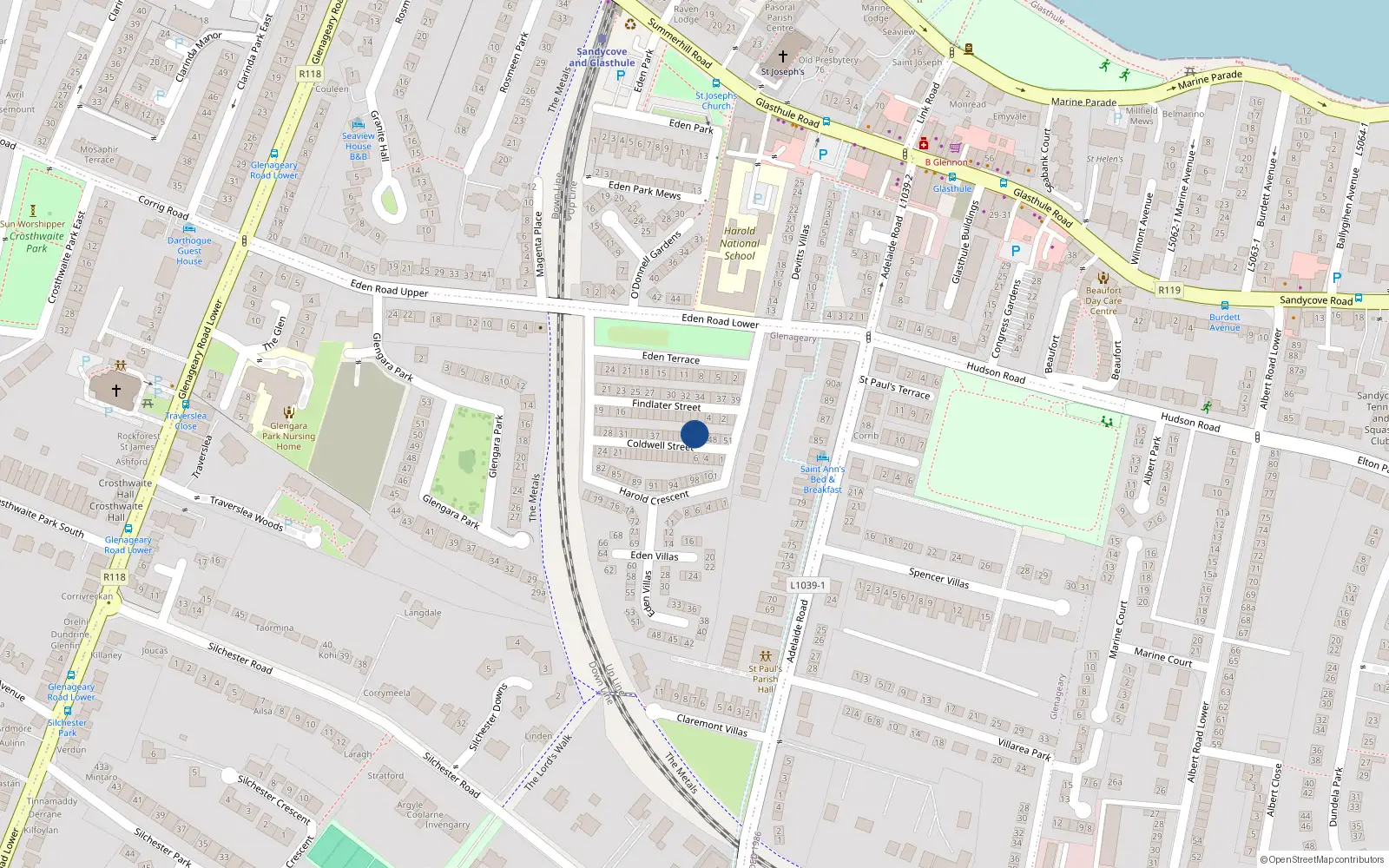 Overhead map showing the location of 45 Coldwell St, Glasthule, Dublin