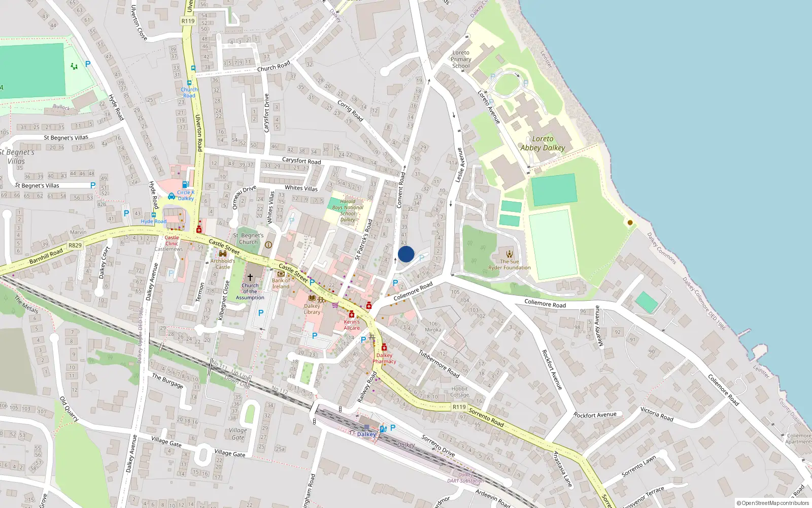 Overhead map showing the location of 45 Convent Road, Dalkey