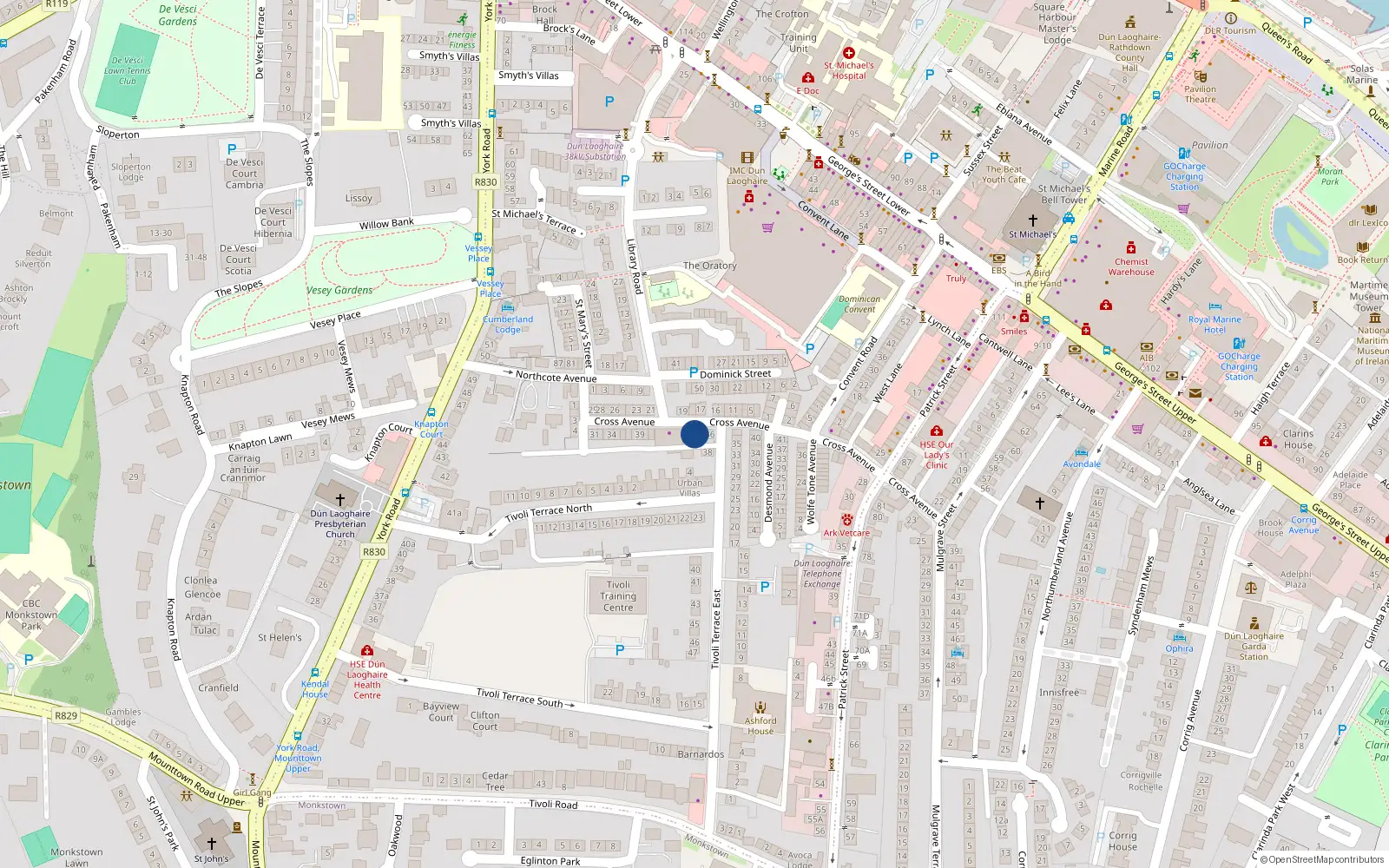 Overhead map showing the location of 45 Cross Avenue, Dun Laoghaire, County Dublin