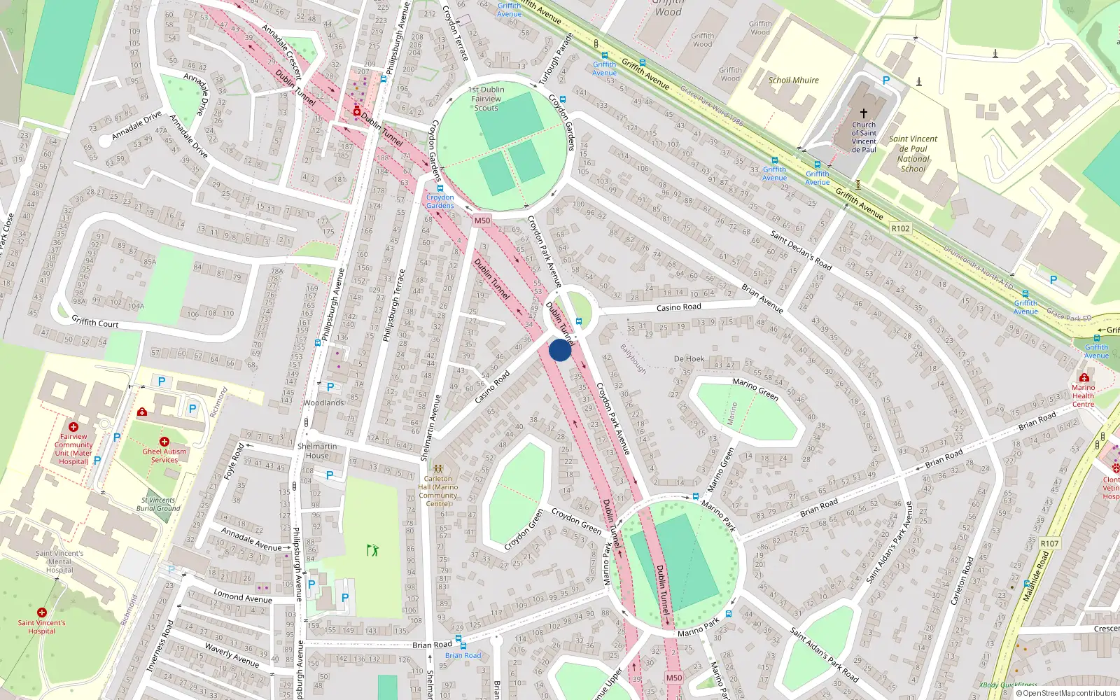 Overhead map showing the location of 45 Croydon Park Avenue, Marino, Dublin 3