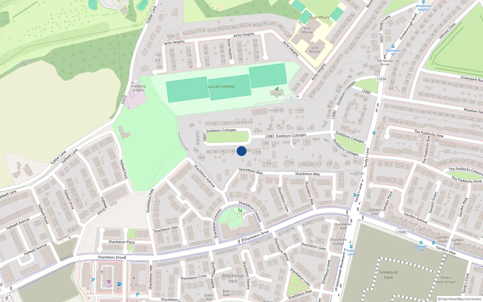 Overhead map showing the location of 45 Dodsborough Cottages, Lucan