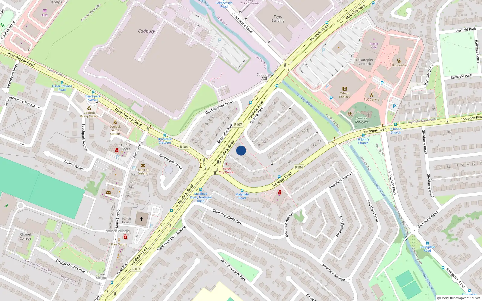 Overhead map showing the location of 45 Dunree Park, St Brendans Park, Coolock