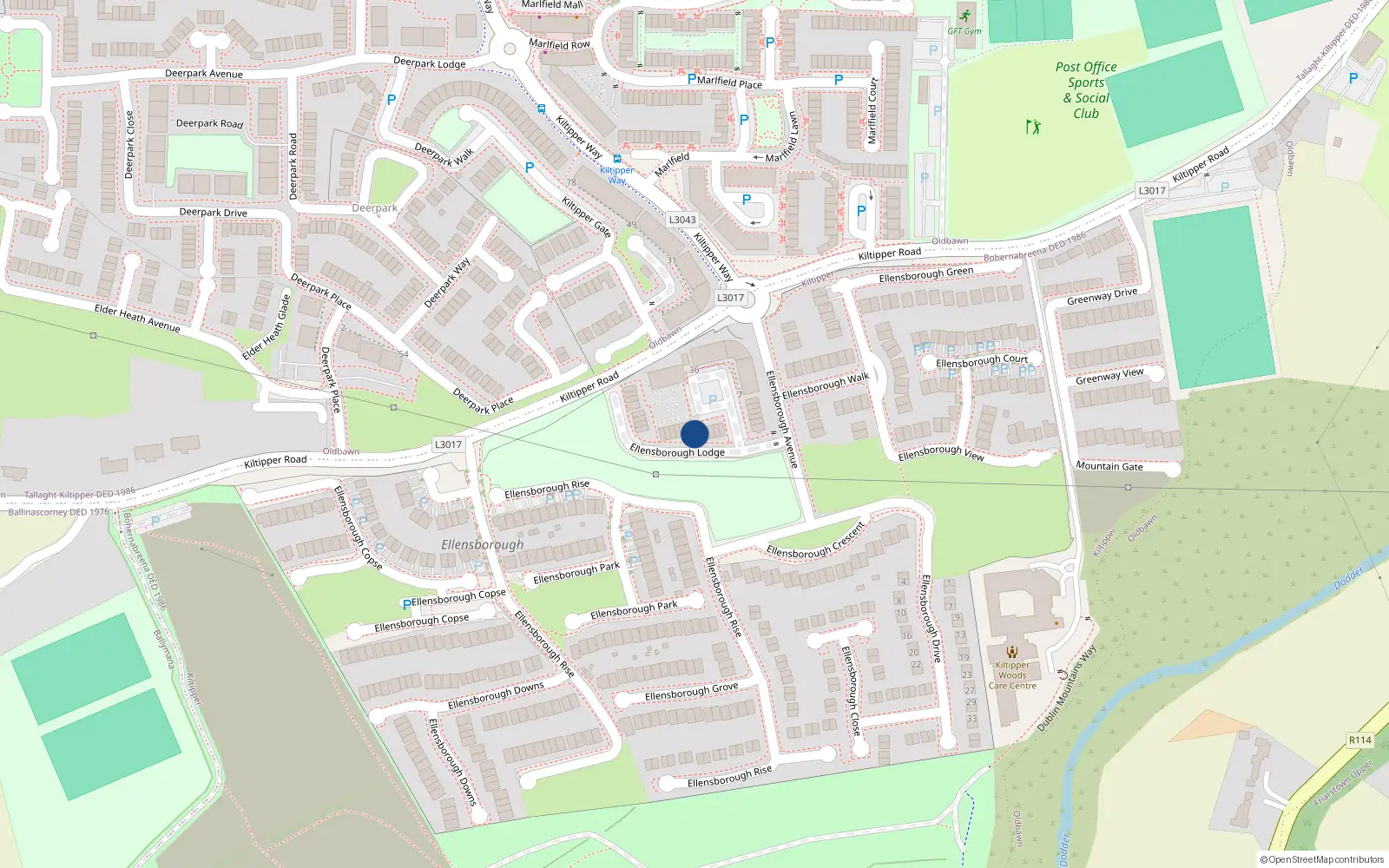 Overhead map showing the location of 45 Ellensborough Lodge, Tallaght