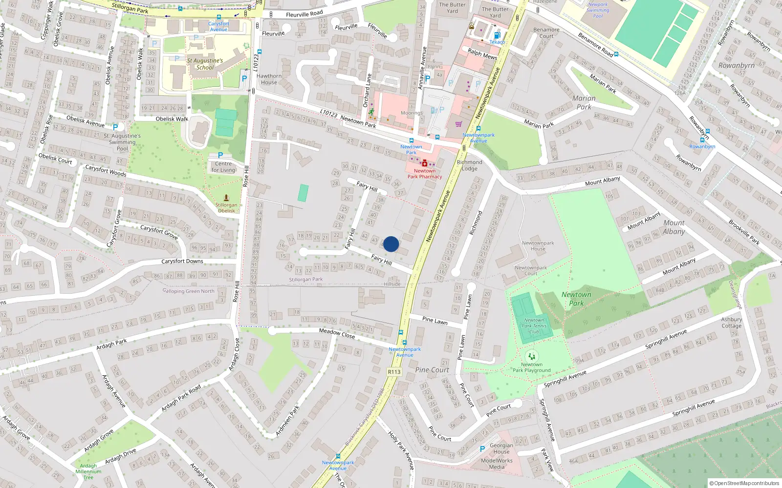Overhead map showing the location of 45 Fairyhill, Blackrock