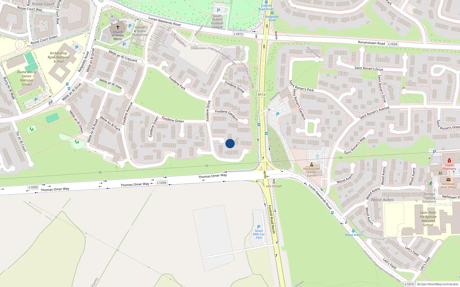 Overhead map showing the location of 45 Foxdene Drive, Lucan