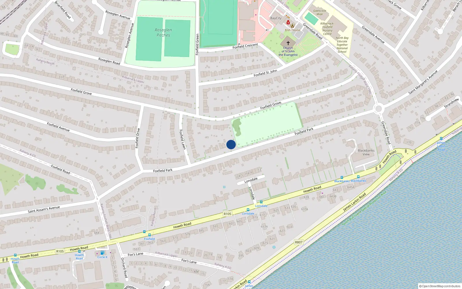 Overhead map showing the location of 45 Foxfield Park, Raheny, Dublin 5