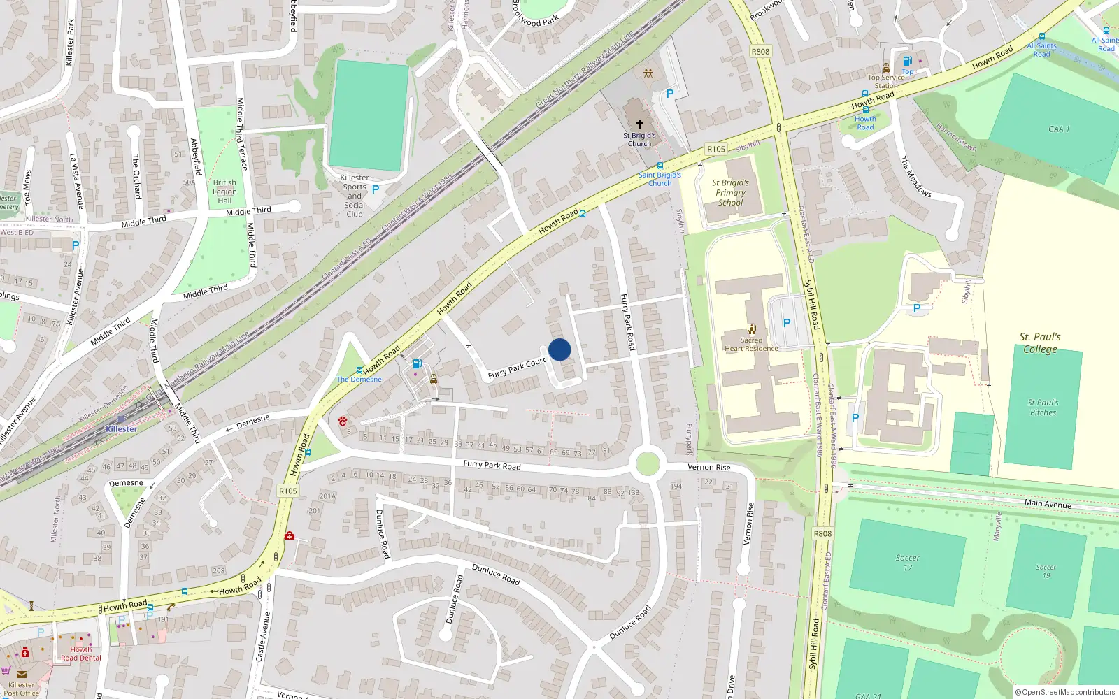 Overhead map showing the location of 45 Furry Park Court, Killester, Dublin 5