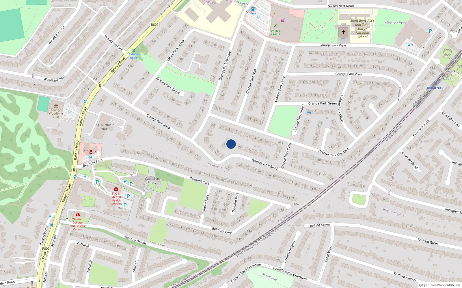 Overhead map showing the location of 45 Grange Park Road, Dublin 5