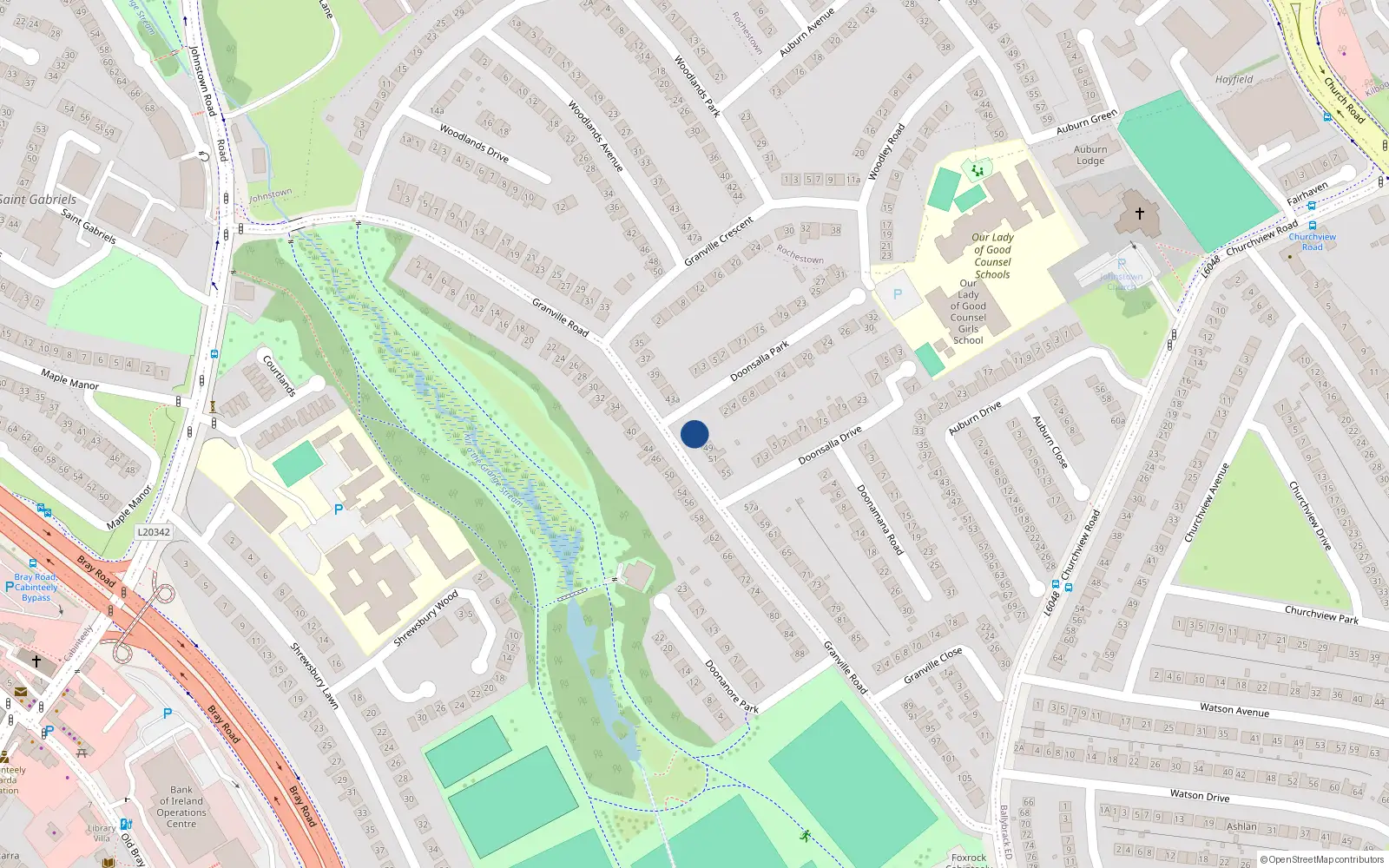 Overhead map showing the location of 45 Granville Road, Dublin