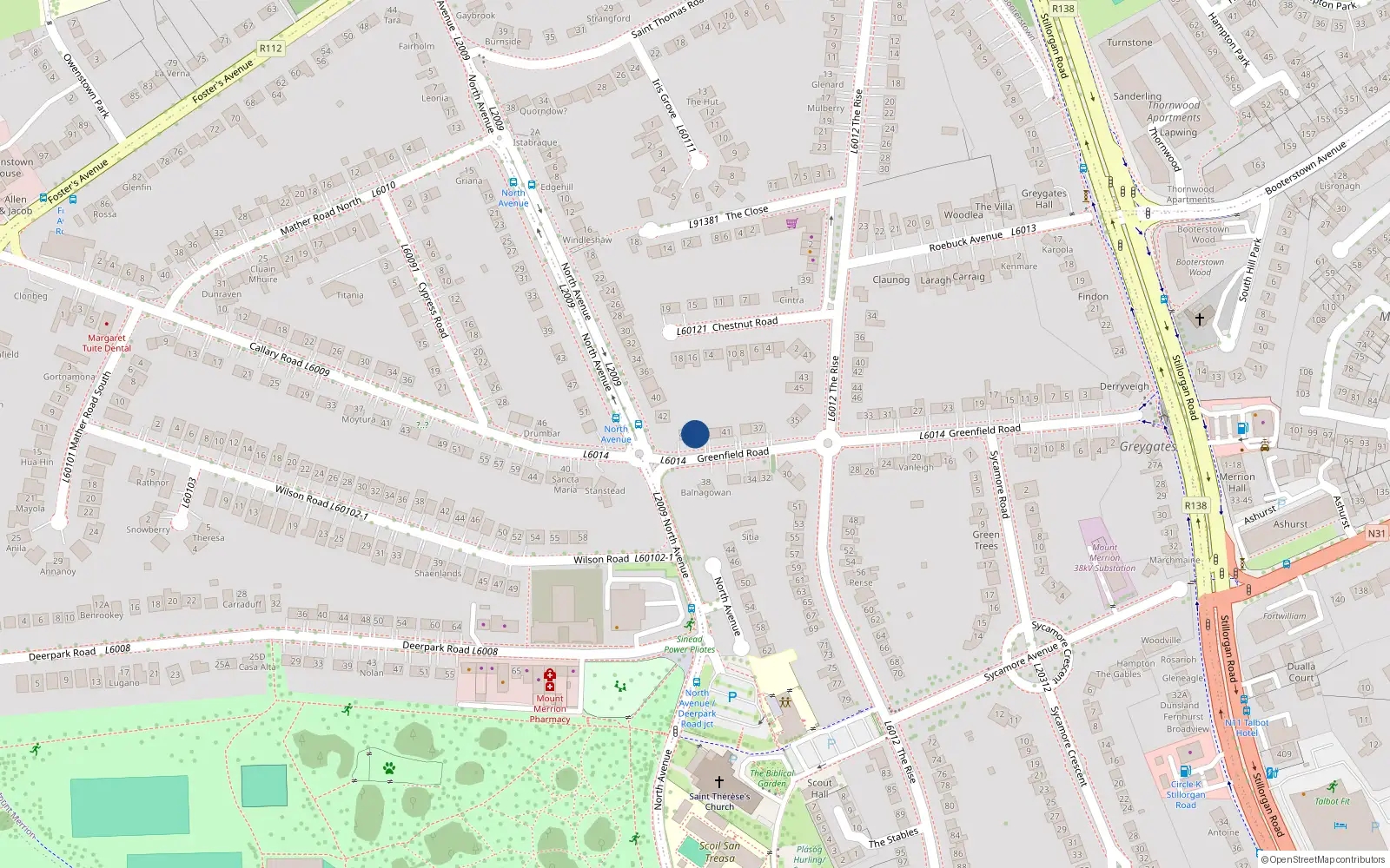 Overhead map showing the location of 45 Greenfield Road, Mount Merrion, Dublin