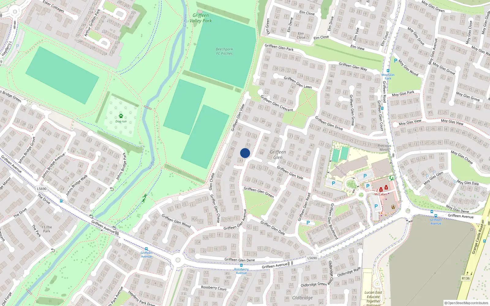 Overhead map showing the location of 45 Griffeen Glen Avenue, Lucan