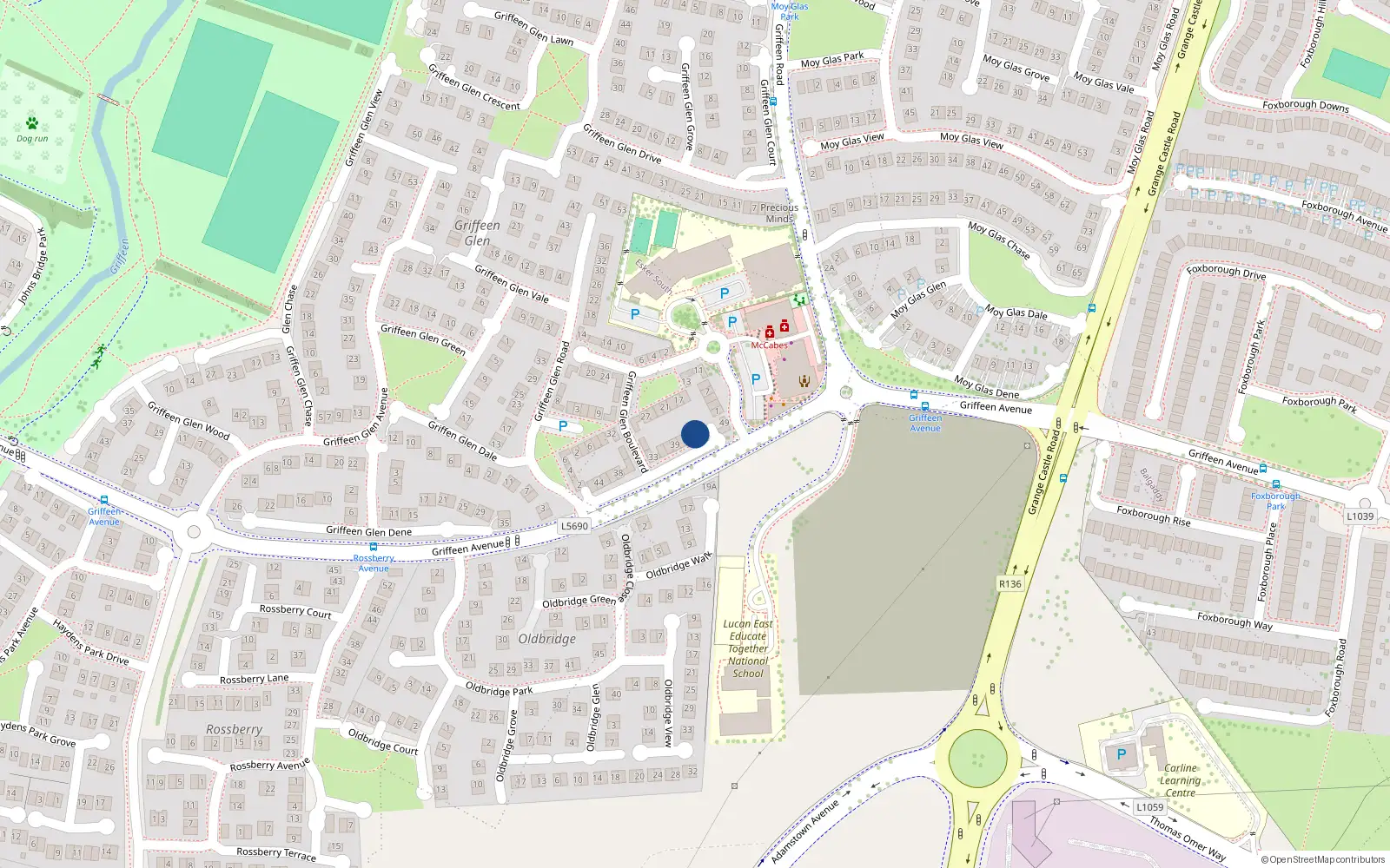 Overhead map showing the location of 45 Griffeen Glen Boulevard, Lucan