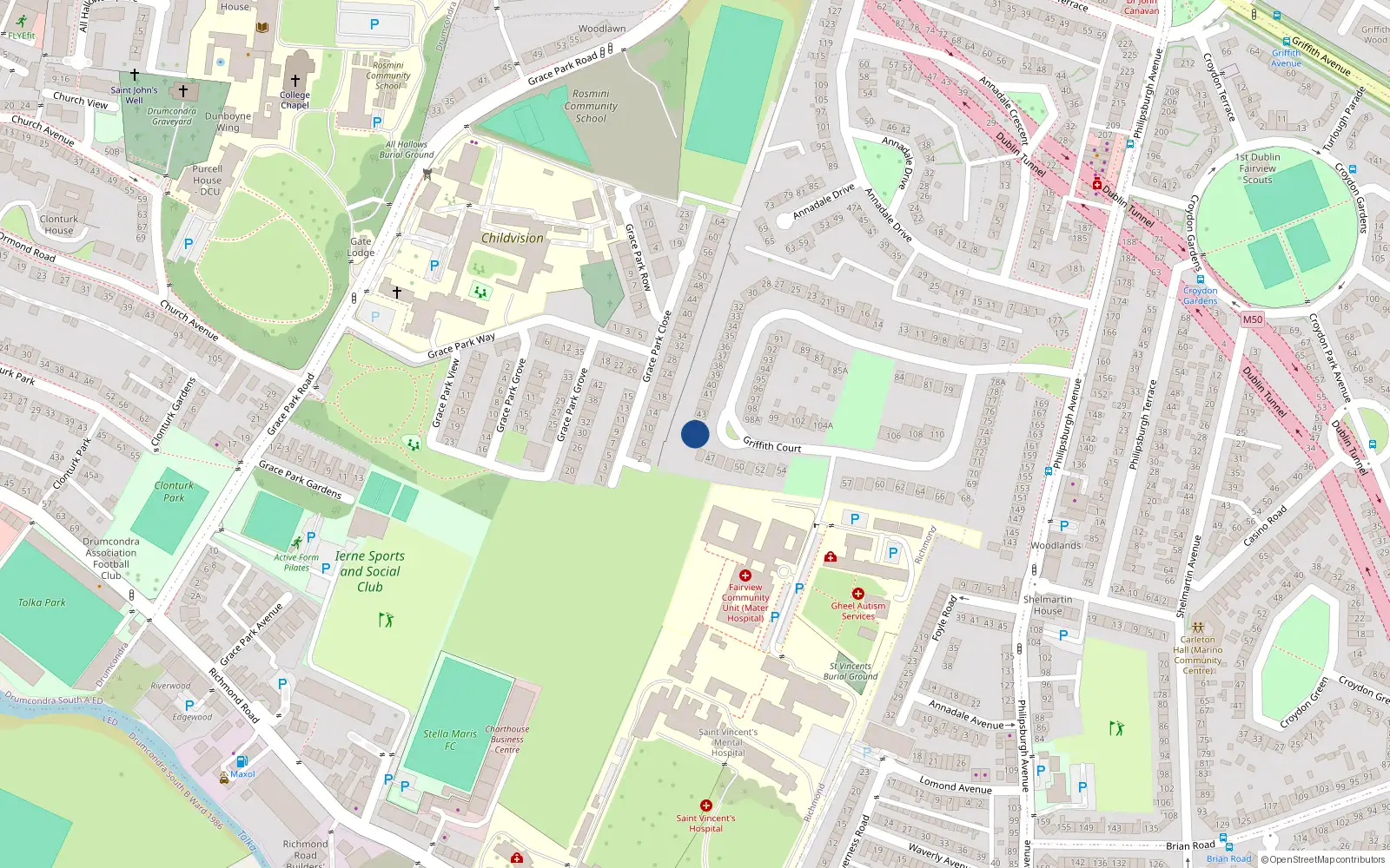 Overhead map showing the location of 45 Griffith Court, Dublin 3
