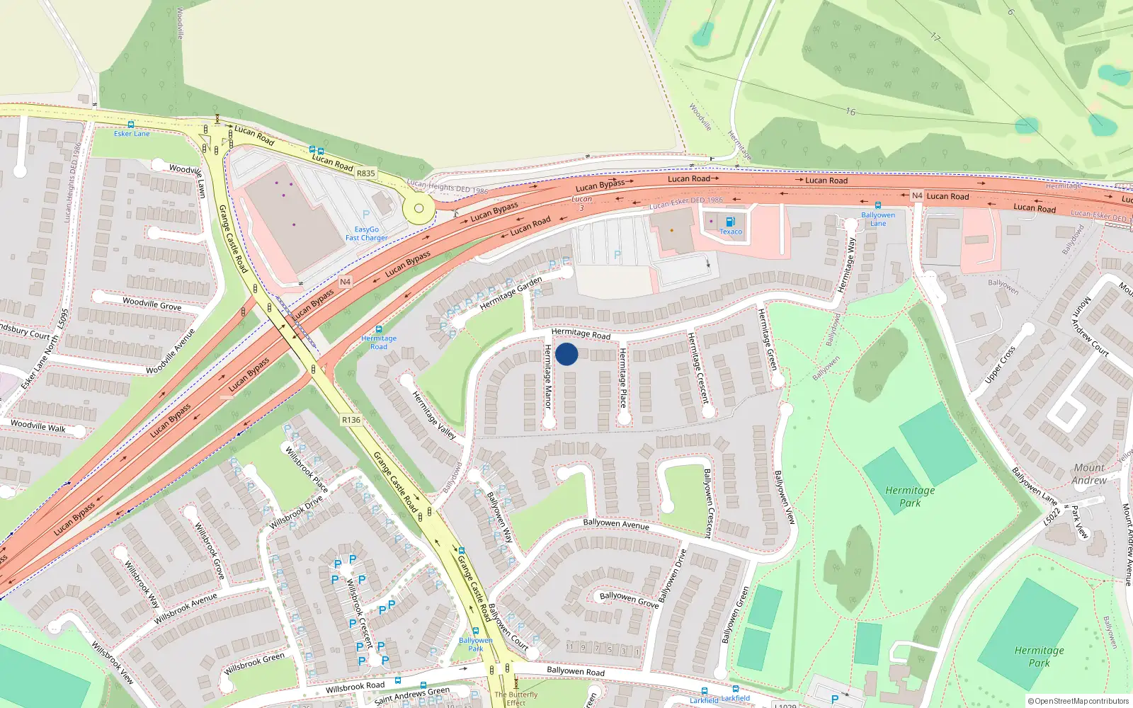 Overhead map showing the location of 45 Hermitage Road, Lucan, Dublin