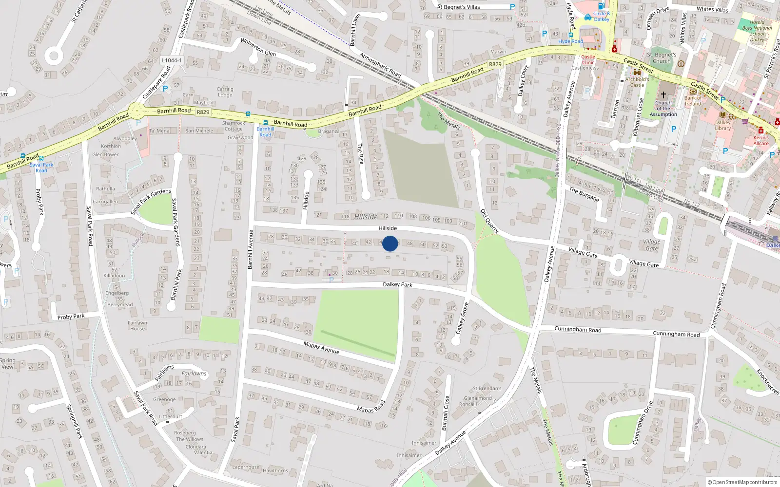 Overhead map showing the location of 45 Hillside, Dalkey