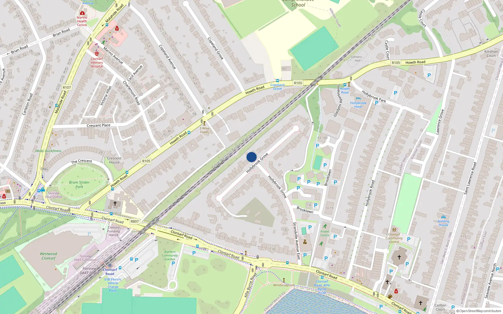 Overhead map showing the location of 45 Hollybrook Grove, Dublin 3