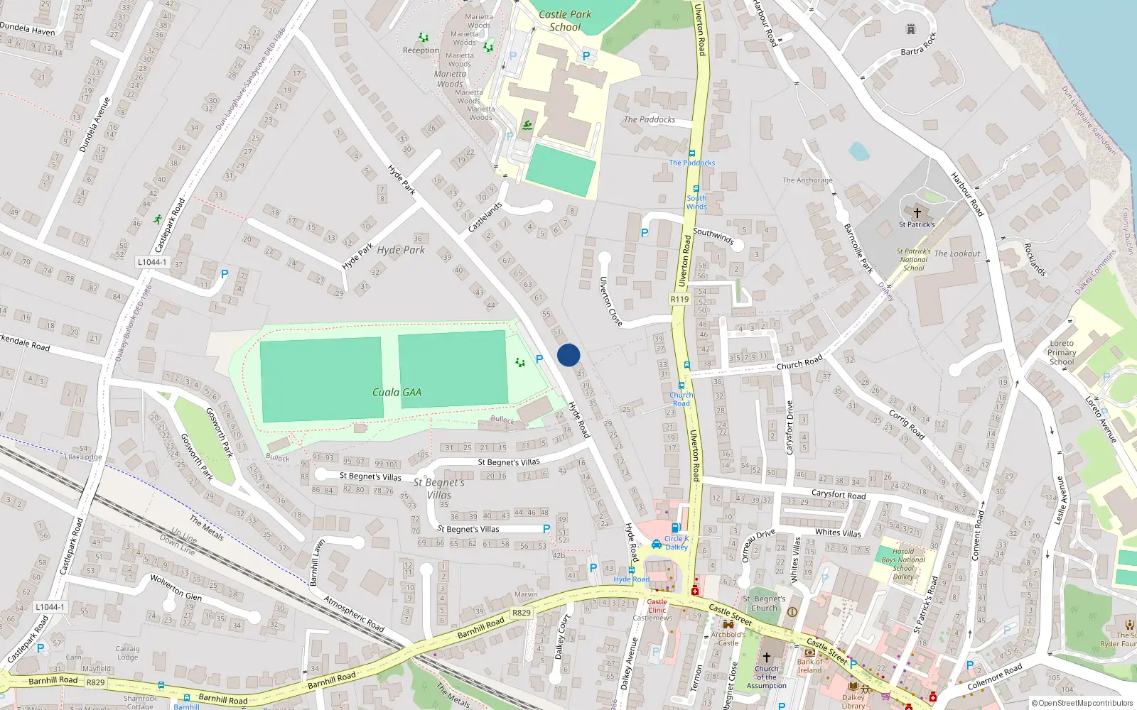 Overhead map showing the location of 45 Hyde Road, Dalkey, Dublin