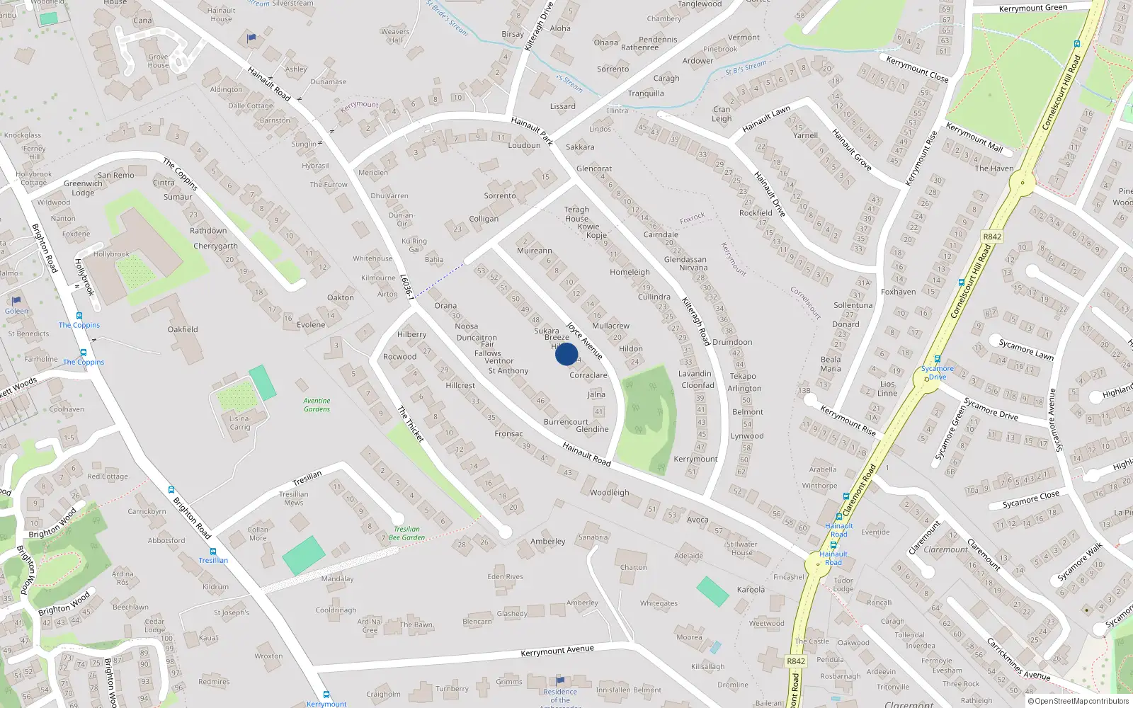 Overhead map showing the location of 45 Joyce Avenue, Dublin 18