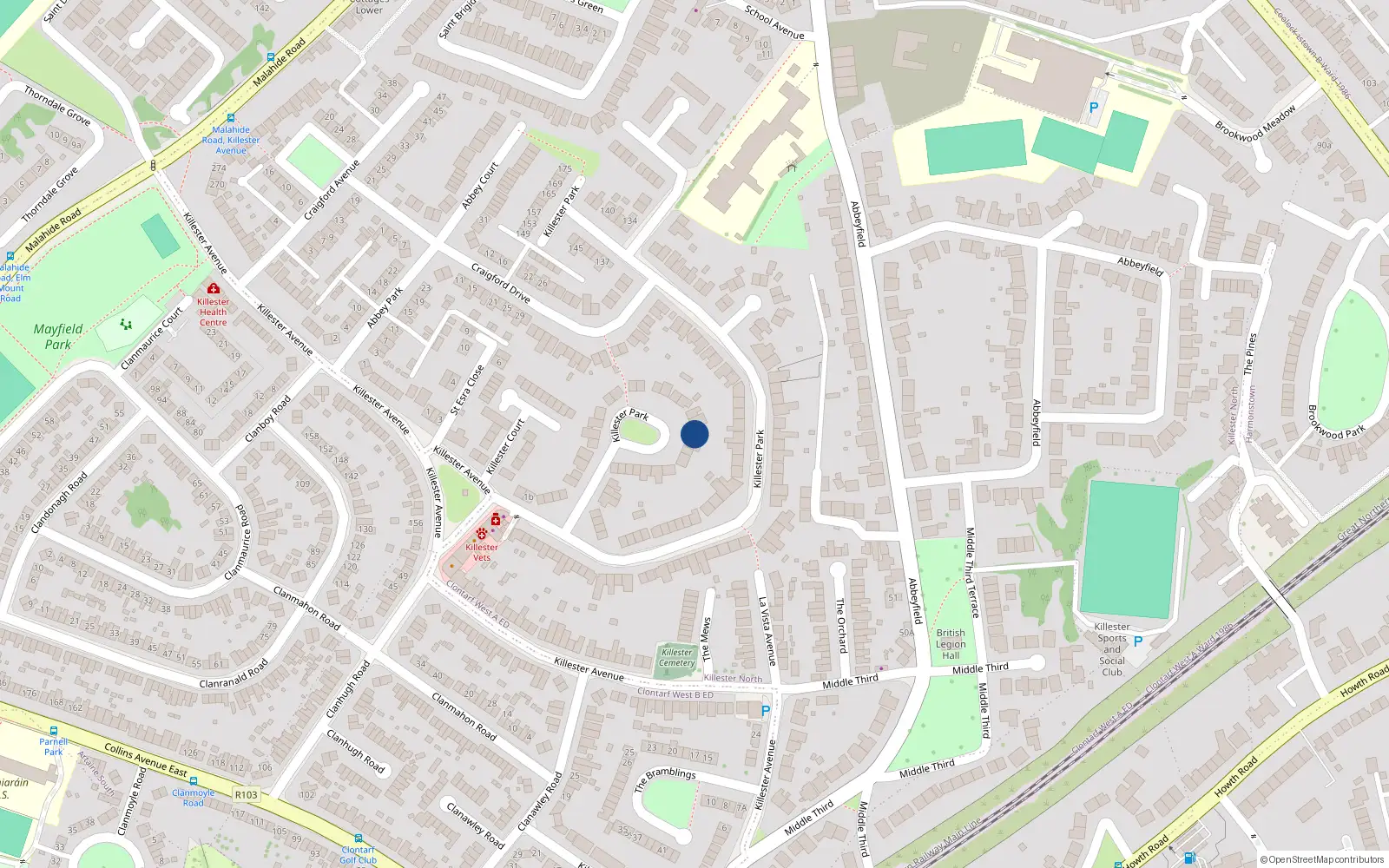 Overhead map showing the location of 45 Killester Park, Dublin 5