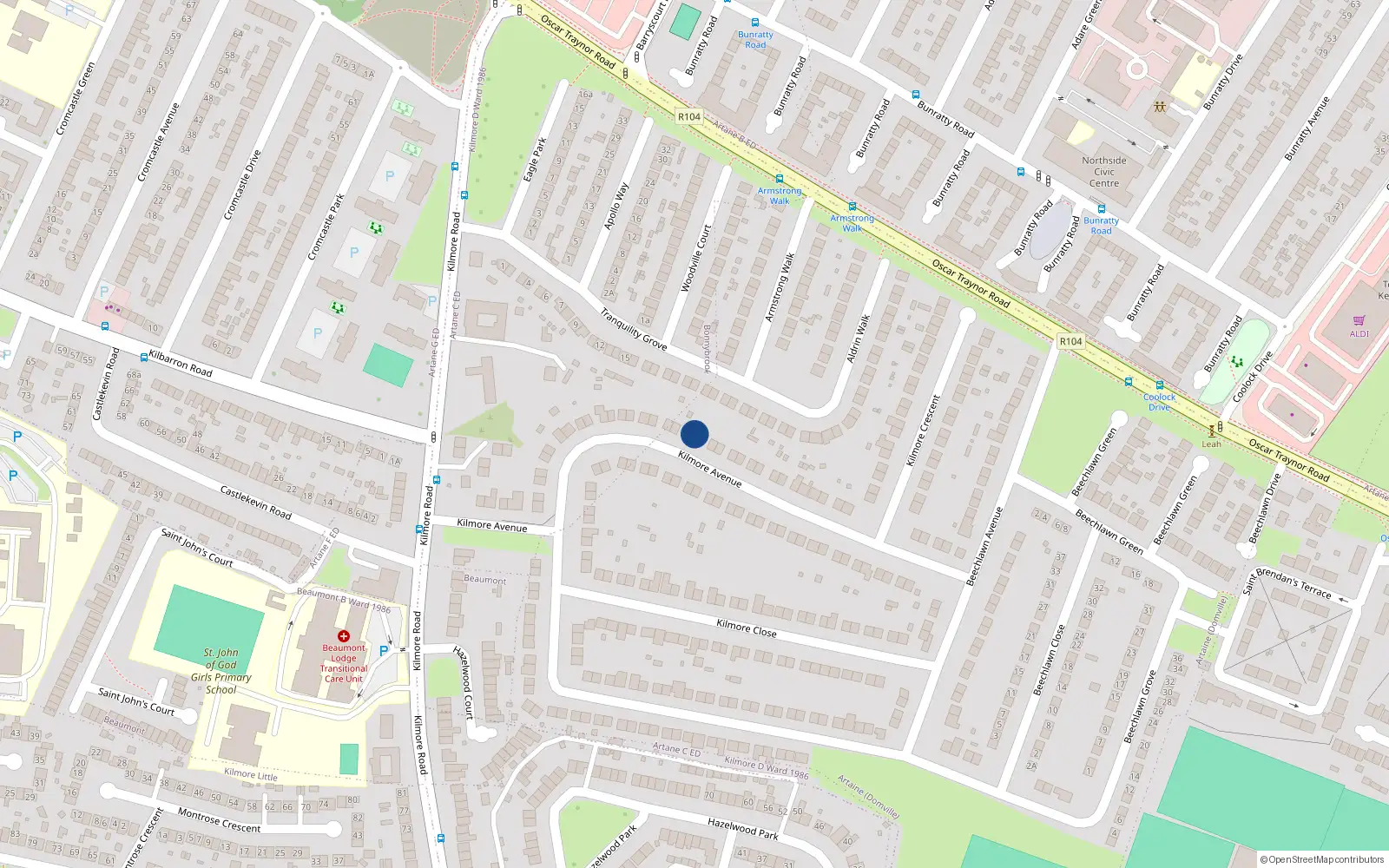 Overhead map showing the location of 45 Kilmore Avenue, Dublin 5