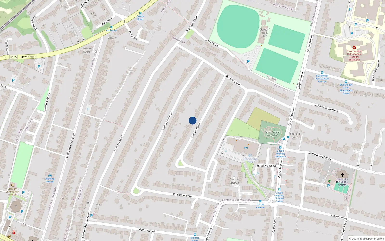 Overhead map showing the location of 45 Kincora Drive, Dublin 3