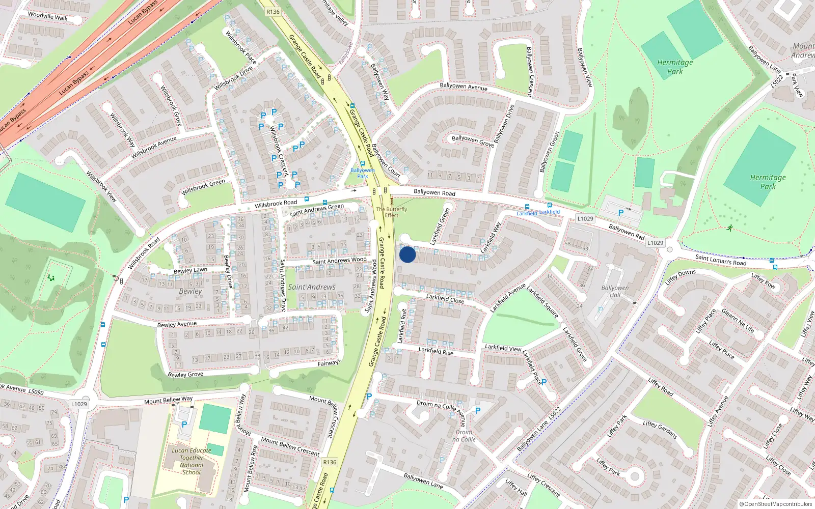 Overhead map showing the location of 45 Larkfield Way, Lucan, Dublin